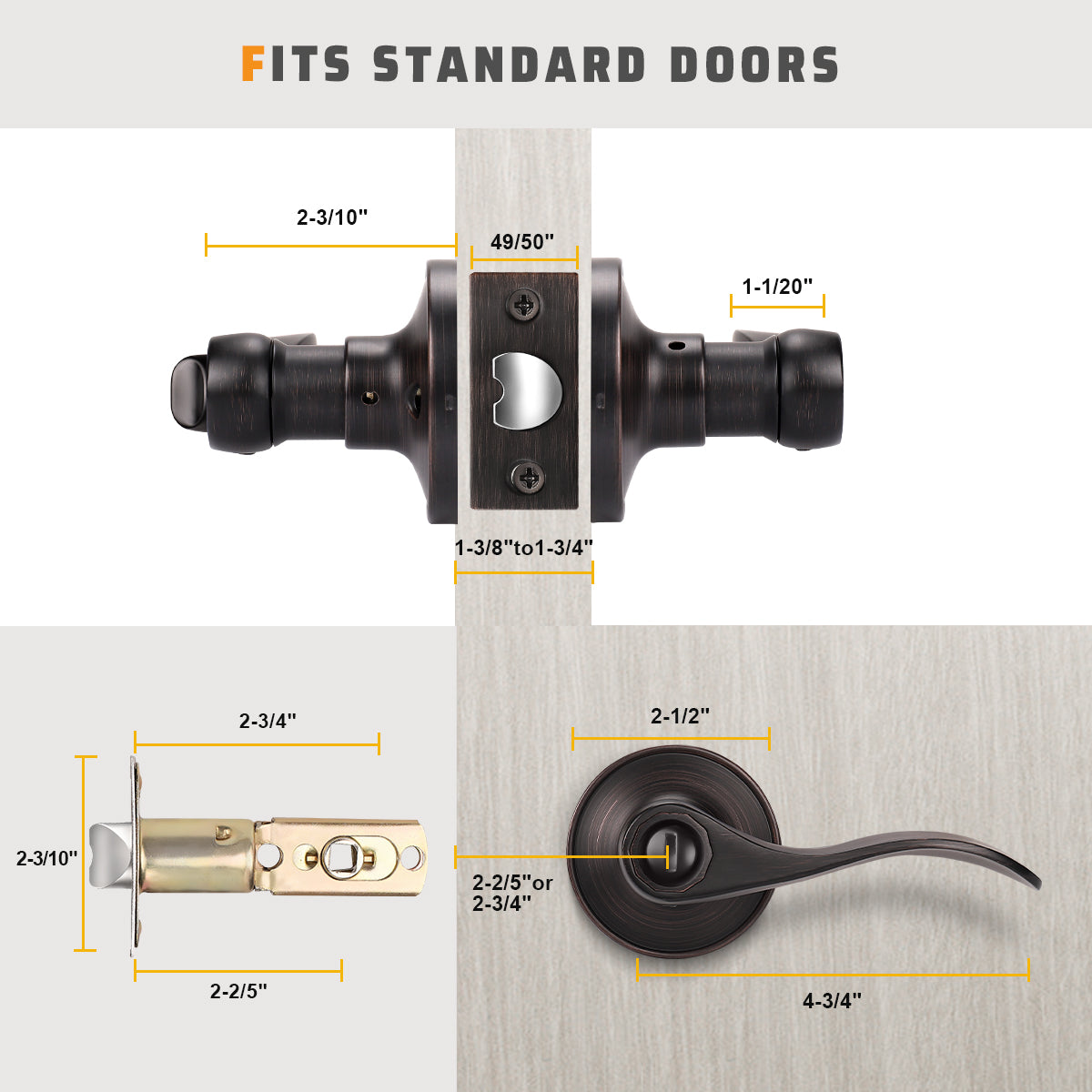 Size dimensions of KNOBWELL Colonial 5 Pack Bronze Privacy Interior Round Door Handles