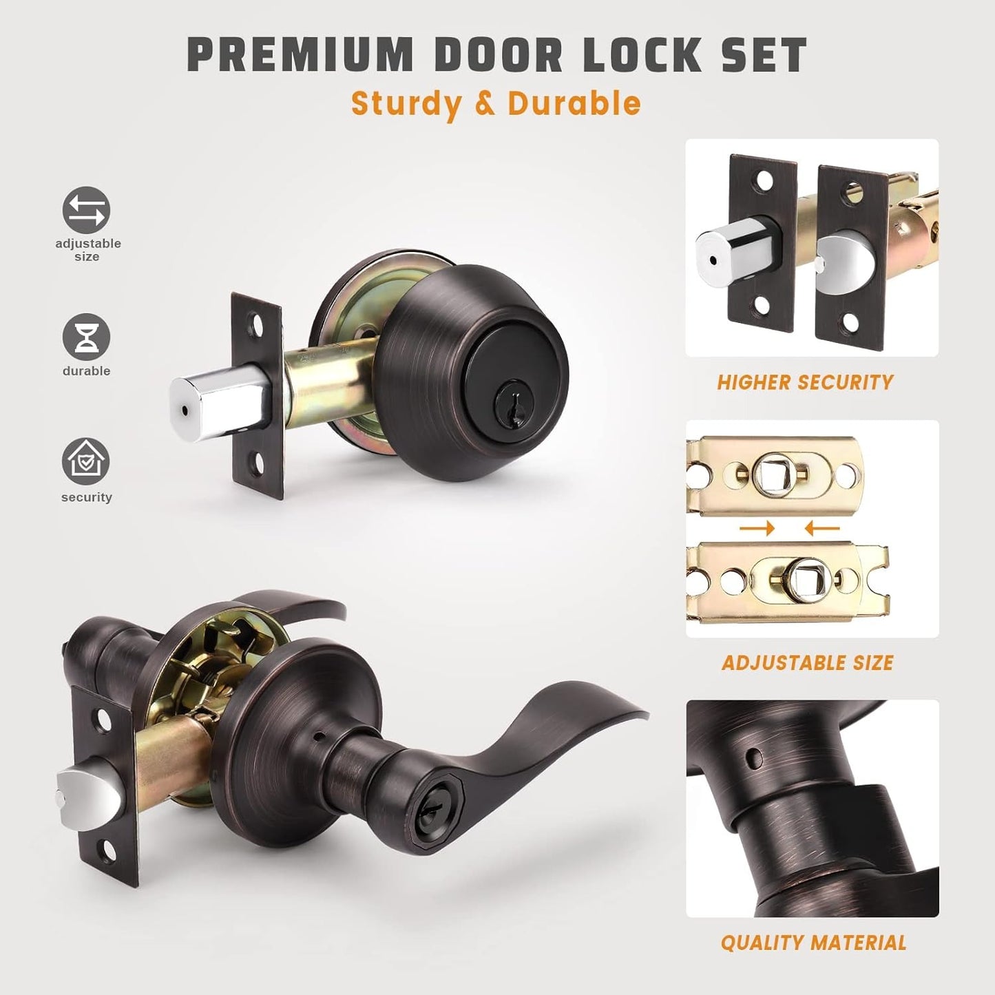 Details of KNOBWELL Colonial Bronze Keyed Entry Lever Set with Single Cylinder Deadbolt