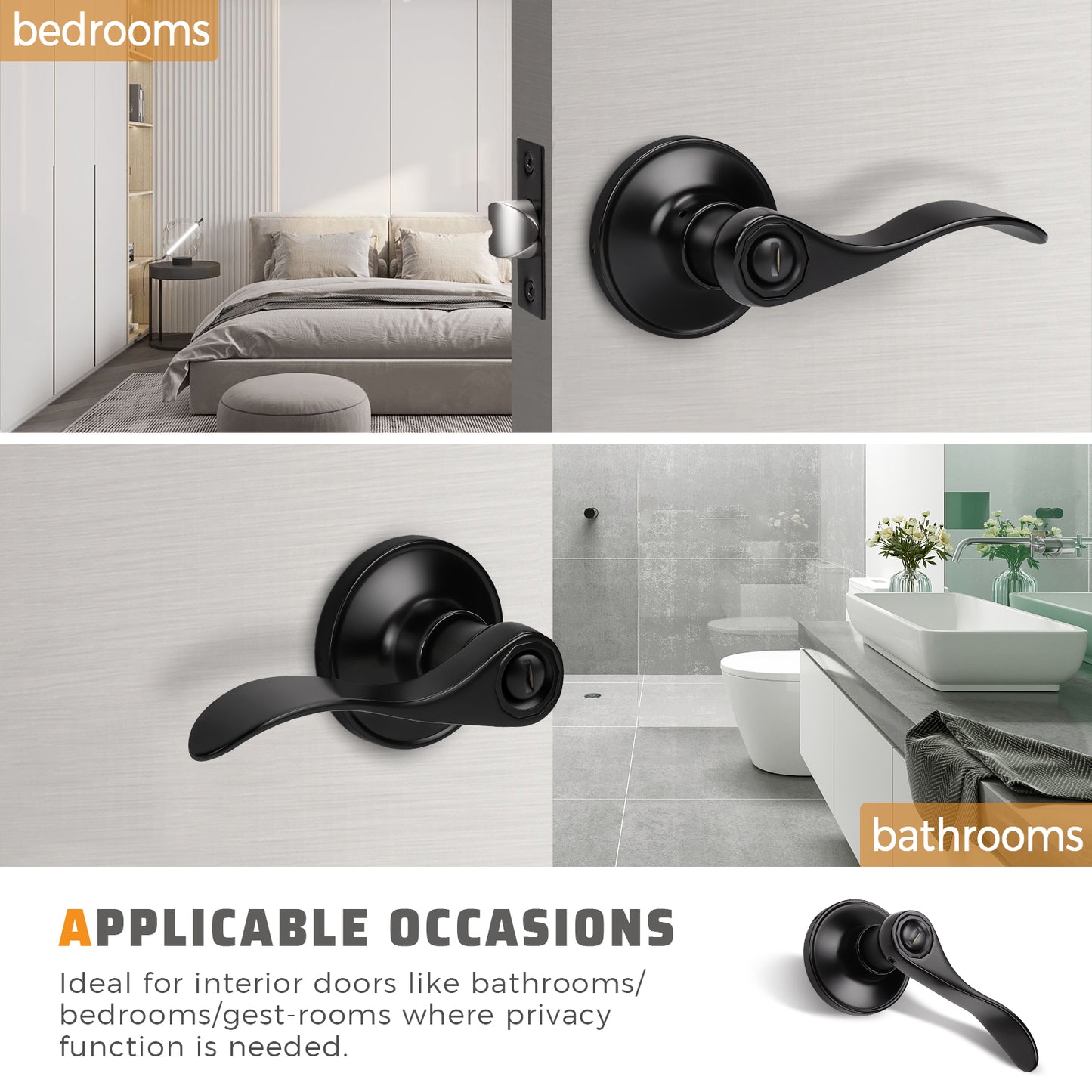 Front and back view of KNOBWELL Colonial 5 Pack Black Privacy Interior Round Door Handles