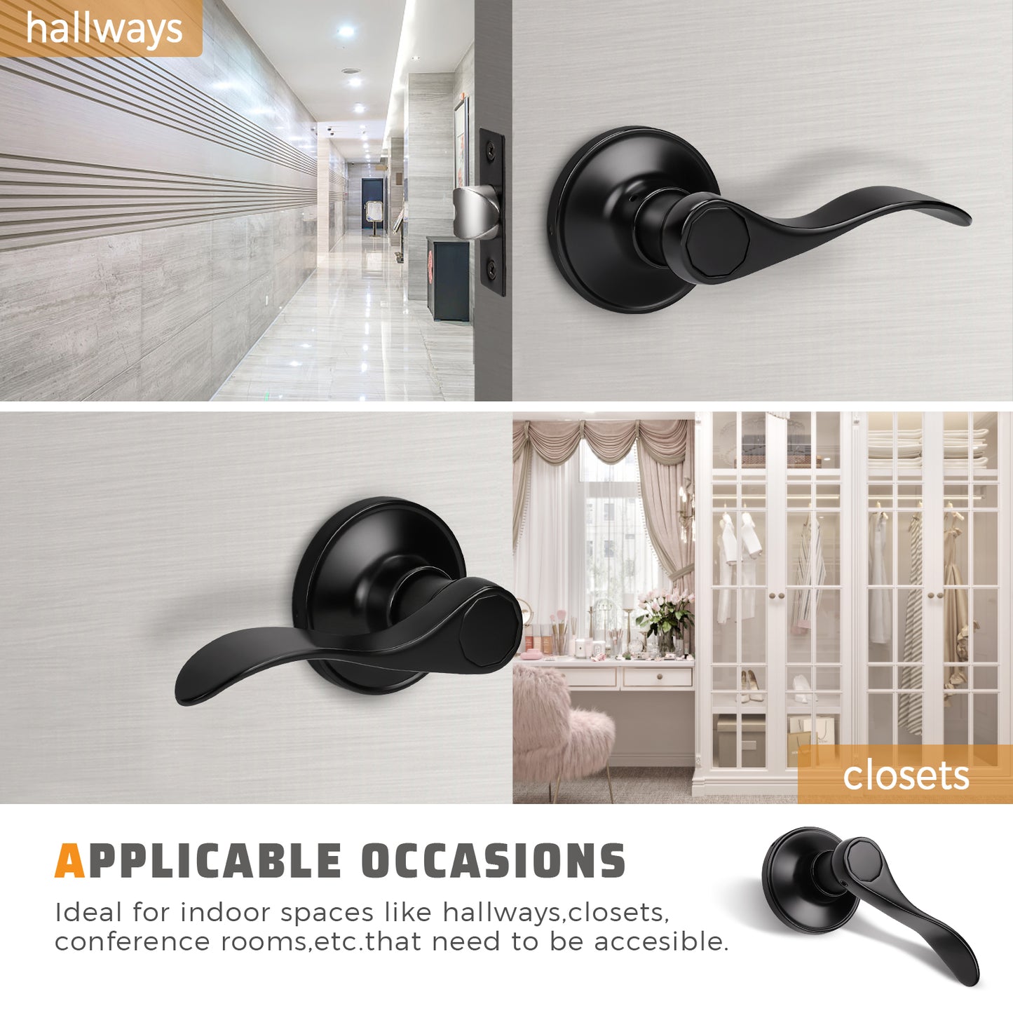 Front and back view of KNOBWELL Wave Style Matte Black Passage Door Locksets for Home Hardware