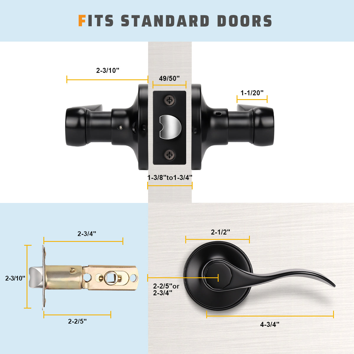Dimension size of KNOBWELL Colonial Style Black Passage Door Lever Without Lock