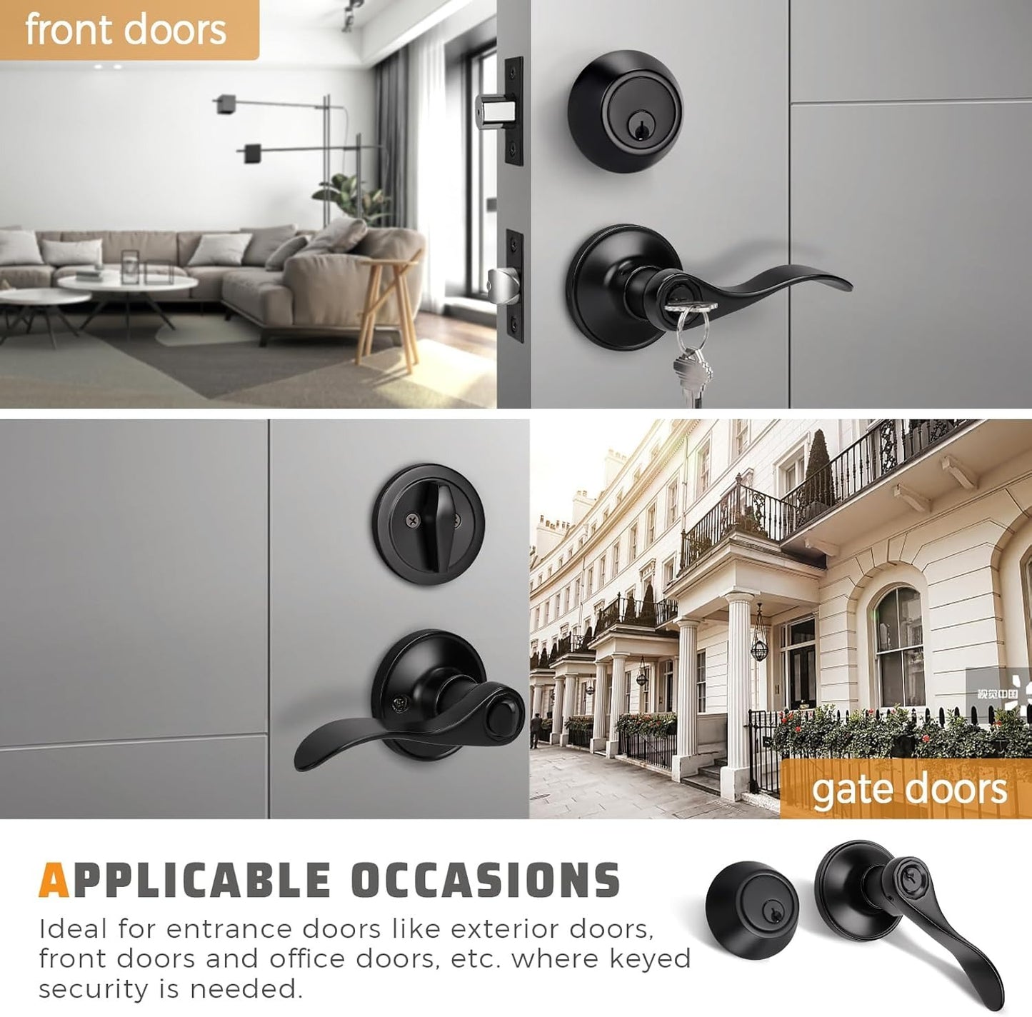 Front and back view of KNOBWELL Colonial Black Keyed Entry Lever Set with Single Cylinder Deadbolt