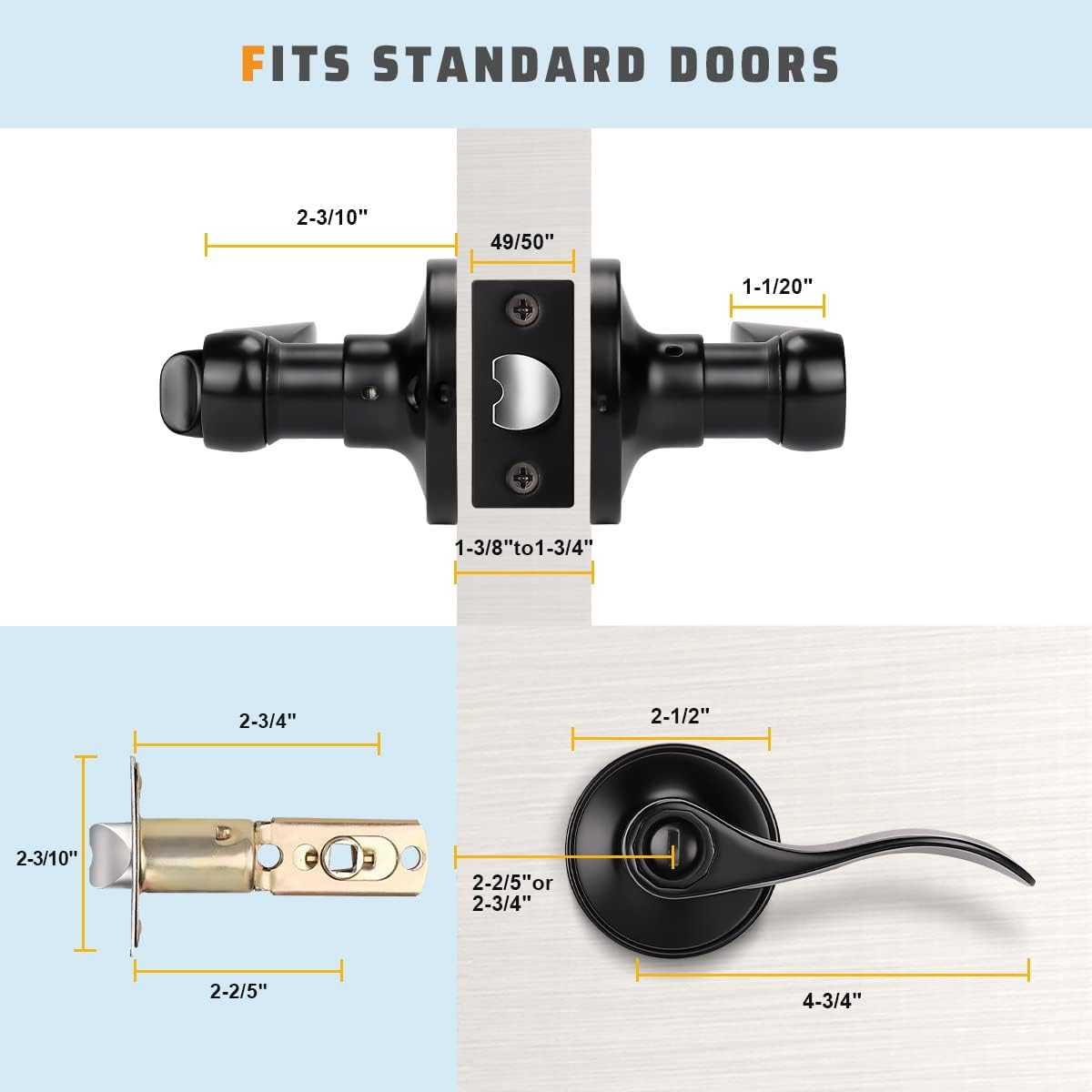 Dimension size of KNOBWELL Colonial Black Privacy Door Lever Handle With Lock For Bathroom