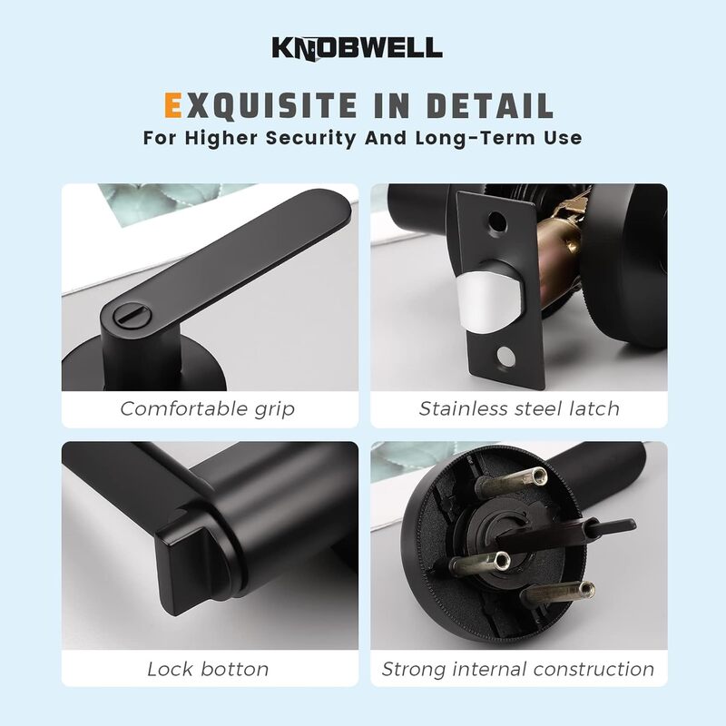 Close-up of KNOBWELL Modern Matte Black Privacy Door Handles With Lock For Interior Doors