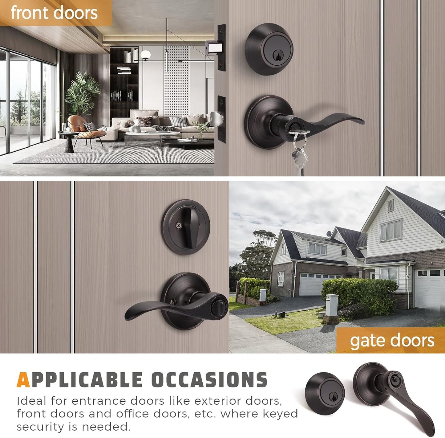 Front and back view of KNOBWELL Colonial Bronze Keyed Entry Lever Set with Single Cylinder Deadbolt