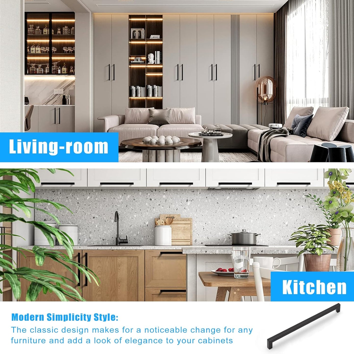 KNOBWELL Matte Black Square Cabinet Pulls Stainless Steel Modern Handles for Kitchen Cupboards/Drawers-PDDJS12HBK