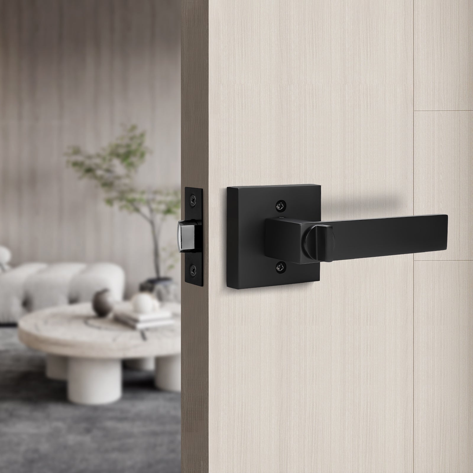 Side view of black Craftsman style privacy door lever installed on interior door – Knobwell