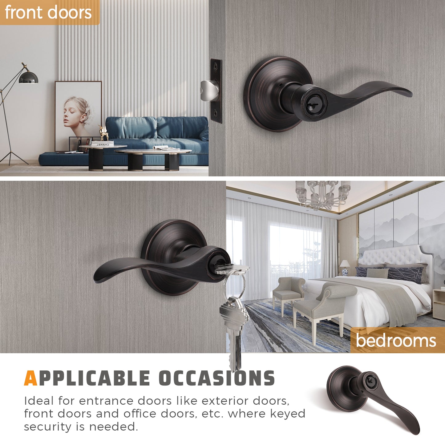 Front and back view of KNOBWELL Bronze Keyed Entry Door Lock – Front Door Lock with Keyed Different Keys