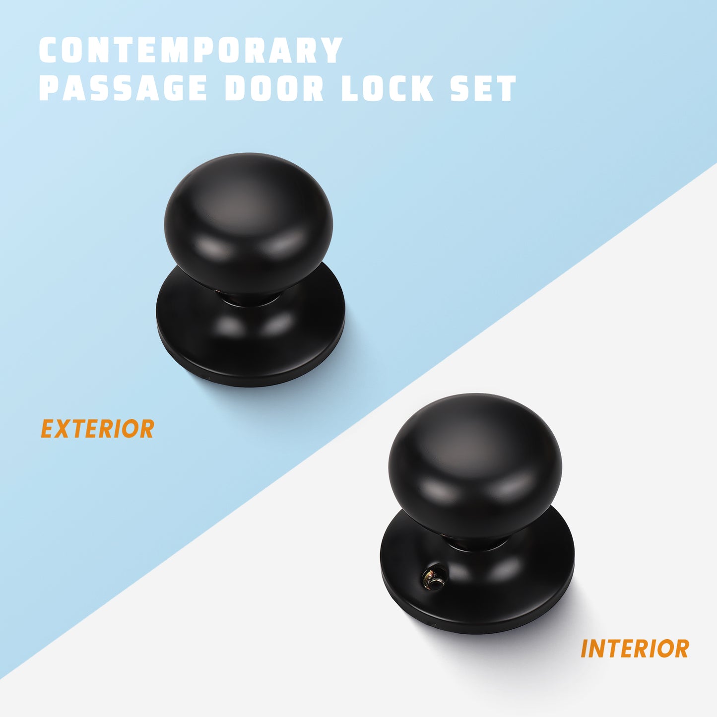 Front and back view of KNOBWELL Black Modern Passage Round Interior Door Knobs