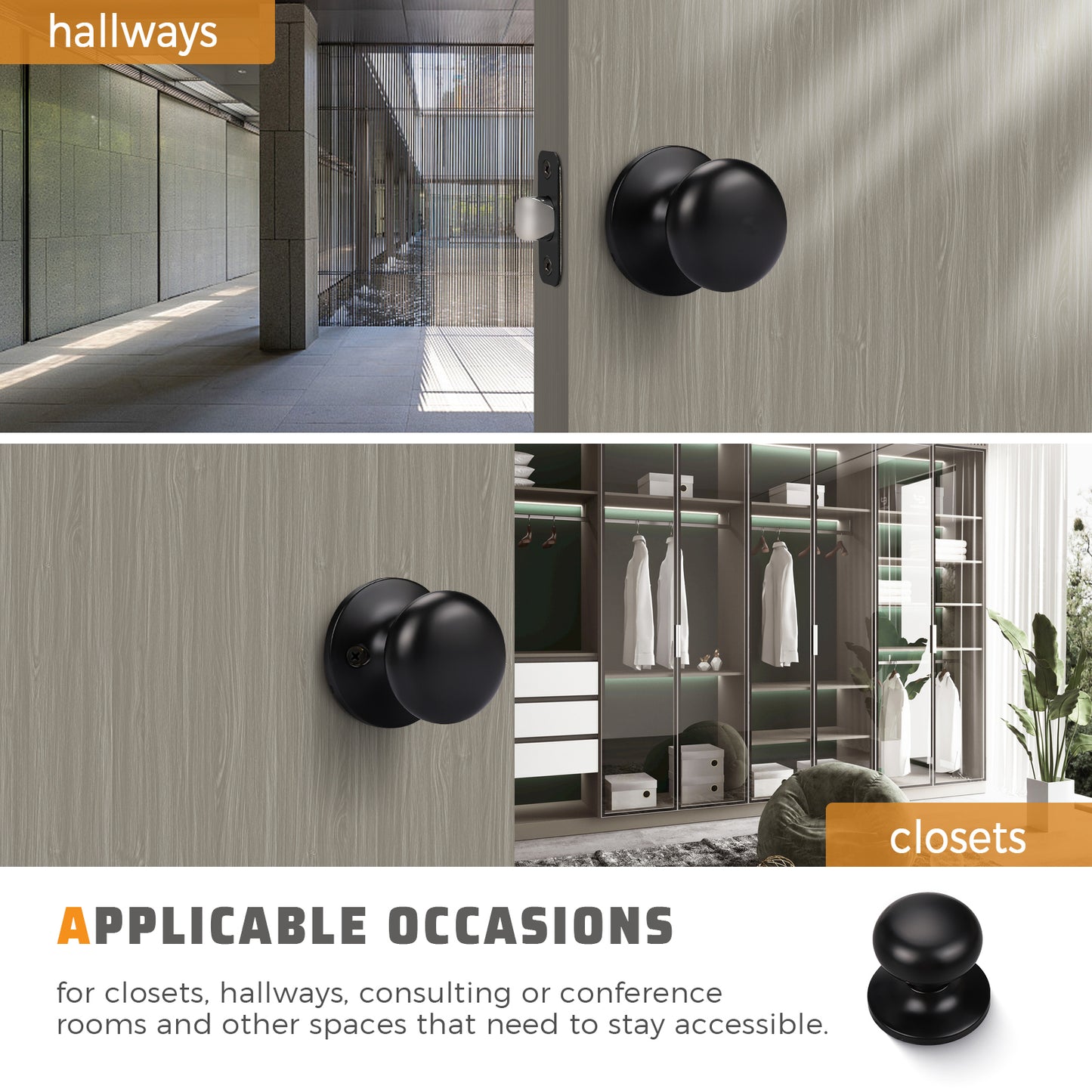 Front and back view of KNOBWELL Modern Black Round Interior Door Knobs-All Function