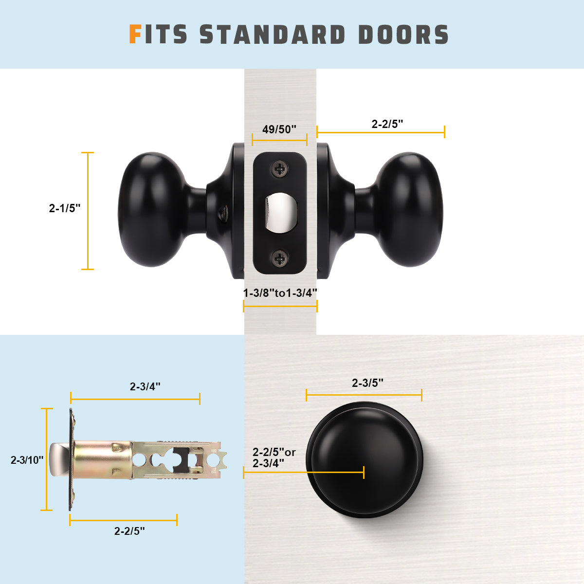Size dimensions of KNOBWELL Modern Black Indoor Door Knobs