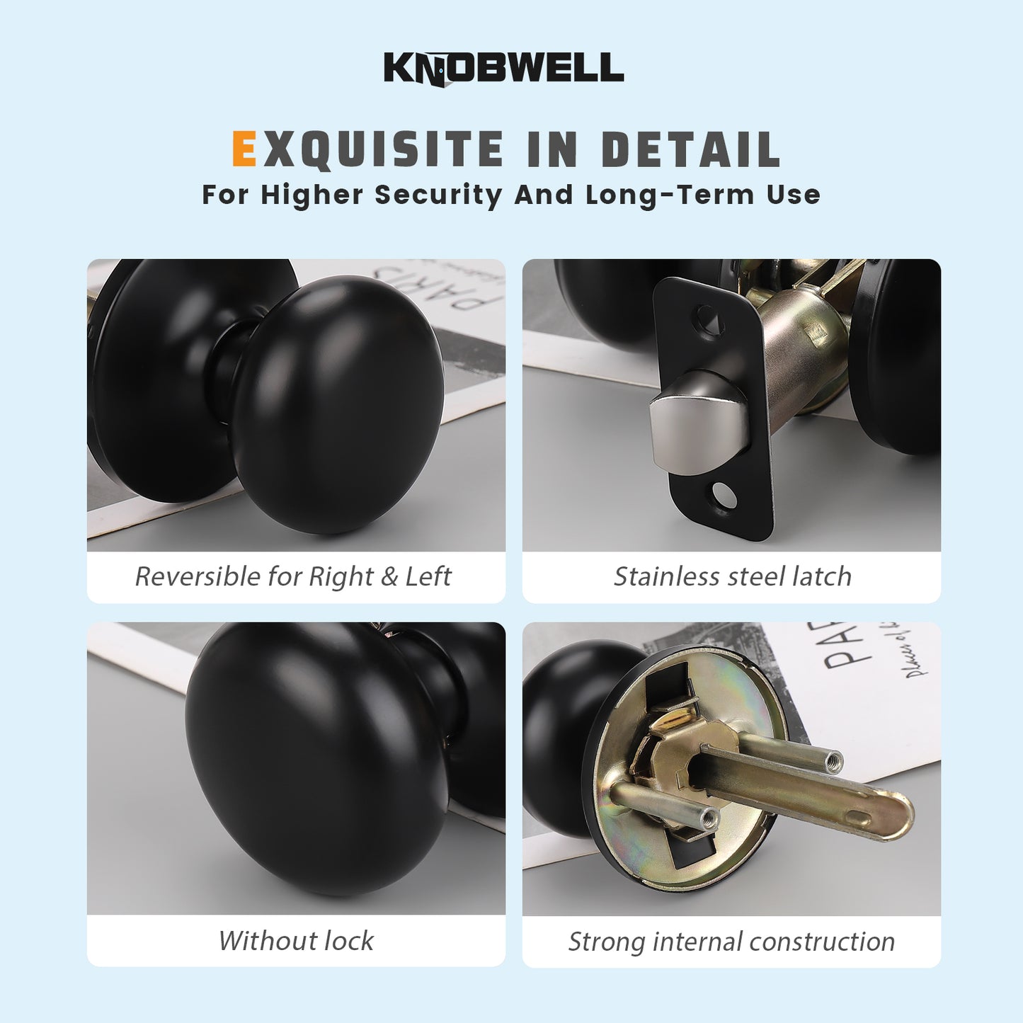 Close-up of KNOBWELL Modern Black Indoor Door Knobs