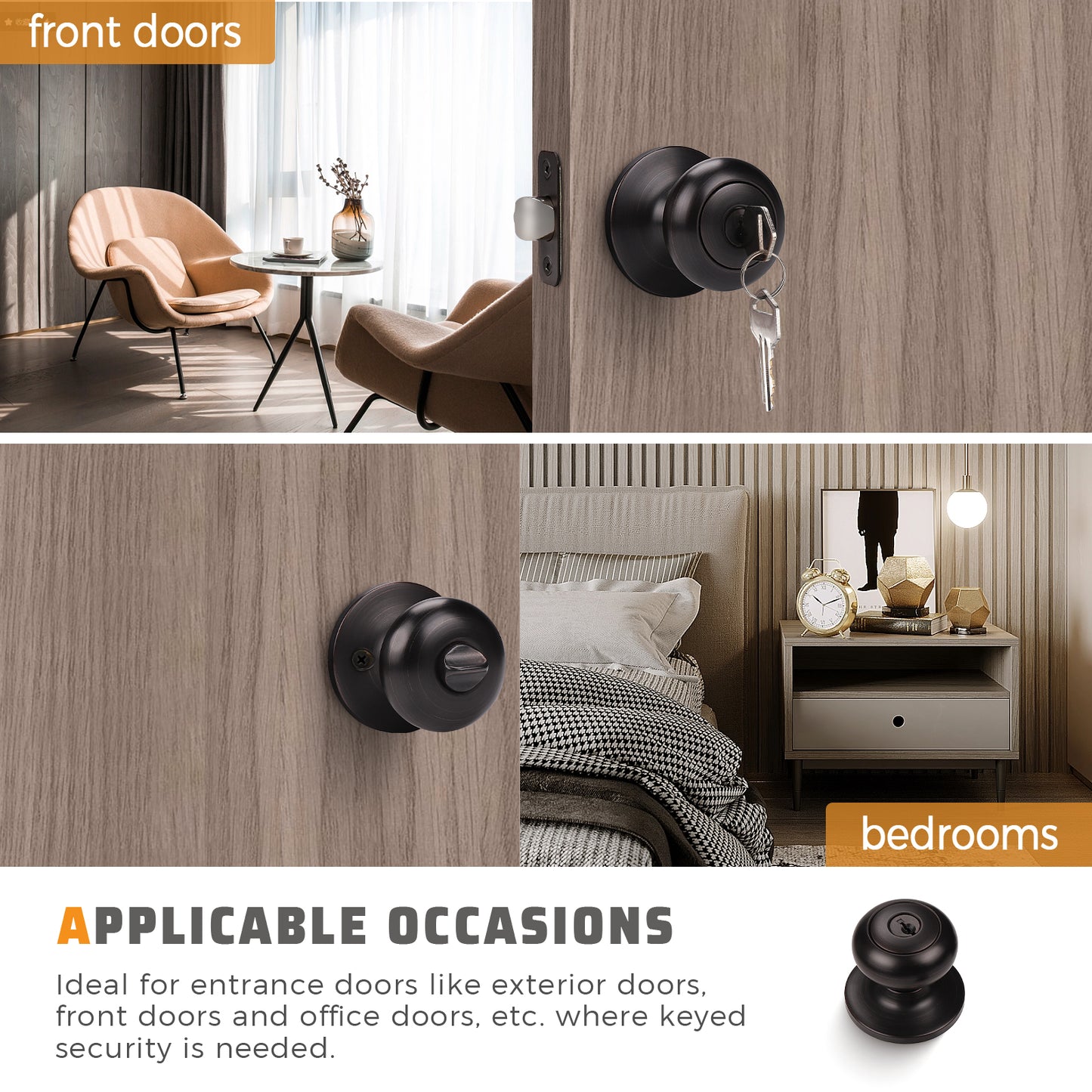 Front and back view of KNOBWELL Bronze Keyed Interior Door Knob For Front Doors with Lock and Key(Keyed Alike)