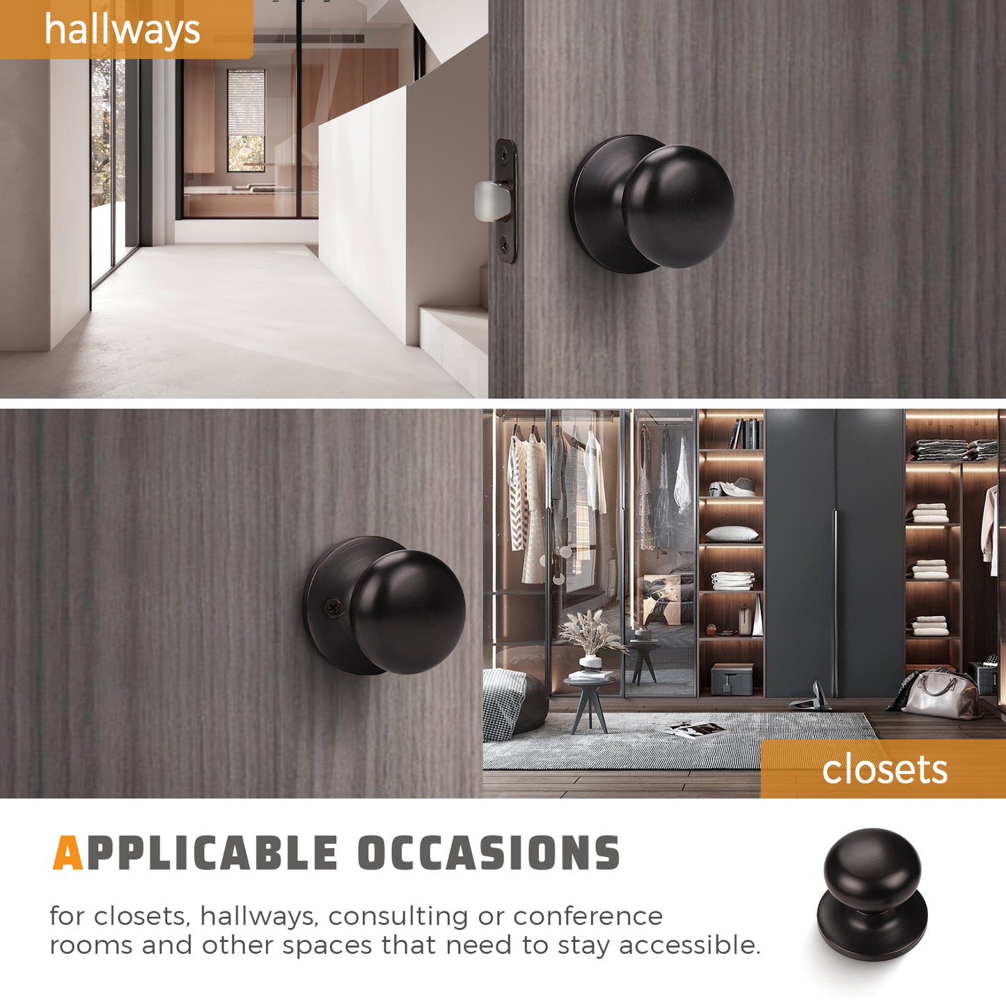 Front and back view of KNOBWELL Modern Bronze Round Interior Door Knobs