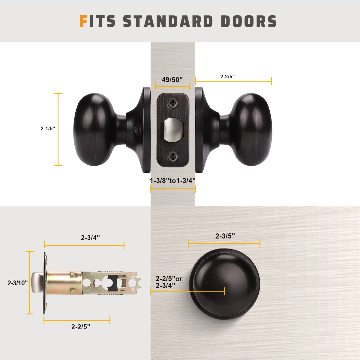 Size dimensions of KNOBWELL Modern Bronze Round Interior Door Knobs-All Function