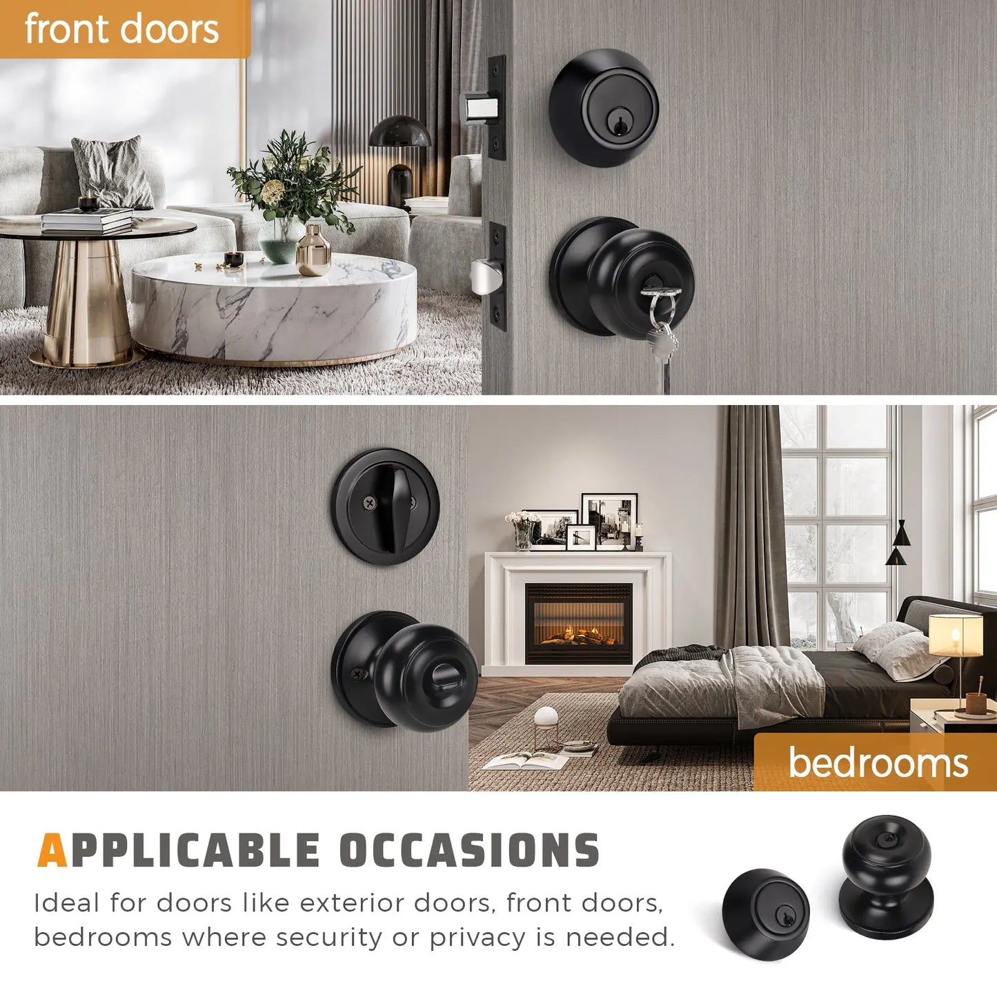 KNOBWELL Matte Black Single Cylinder Entry Door Handlesets with Deadbolts