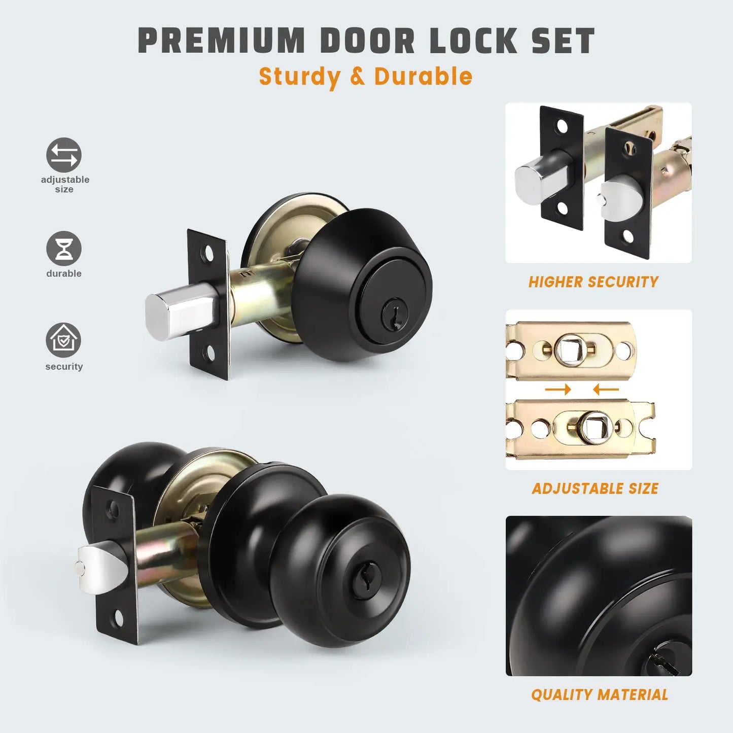 KNOBWELL Matte Black Single Cylinder Entry Door Handlesets with Deadbolts
