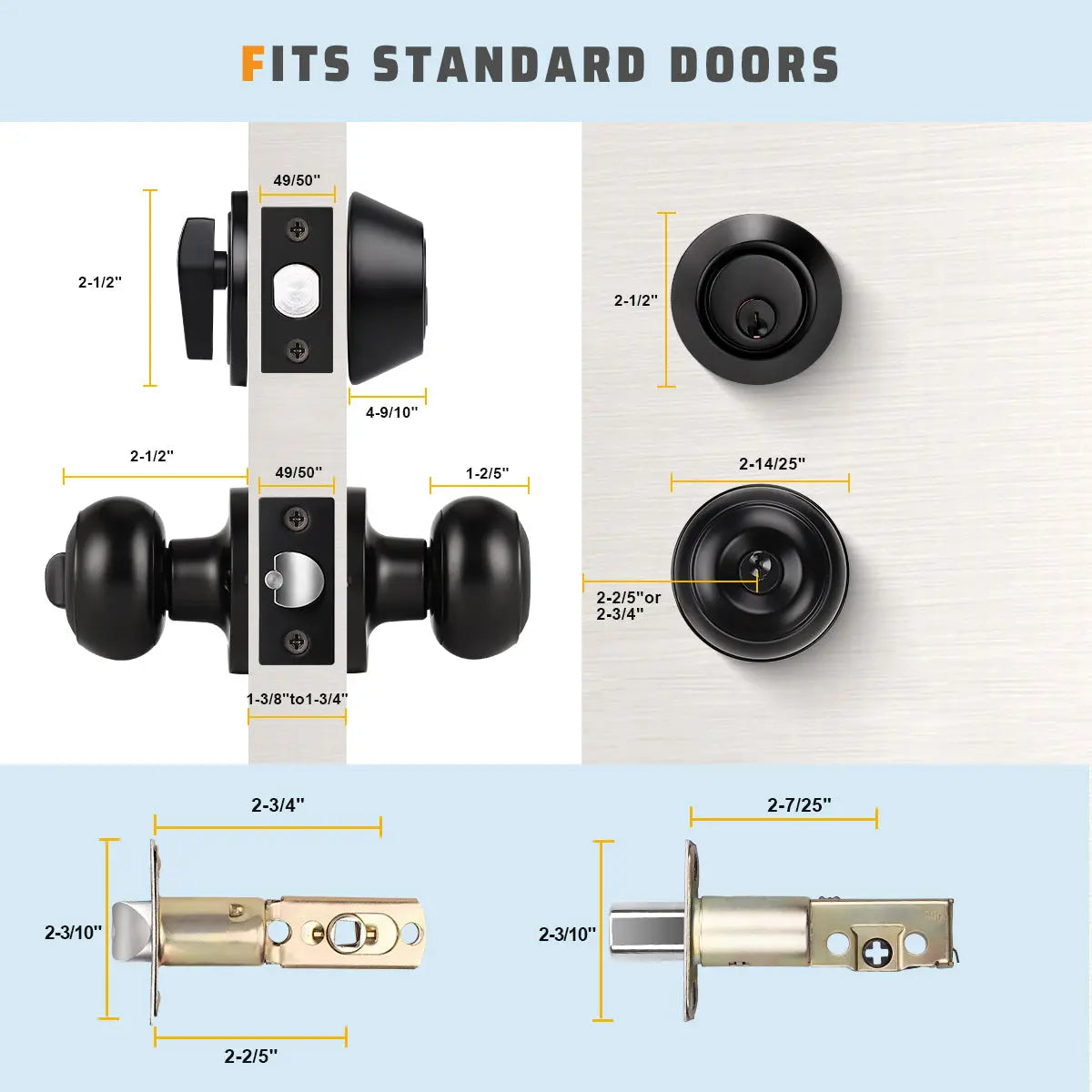 KNOBWELL Matte Black Single Cylinder Entry Door Handlesets with Deadbolts