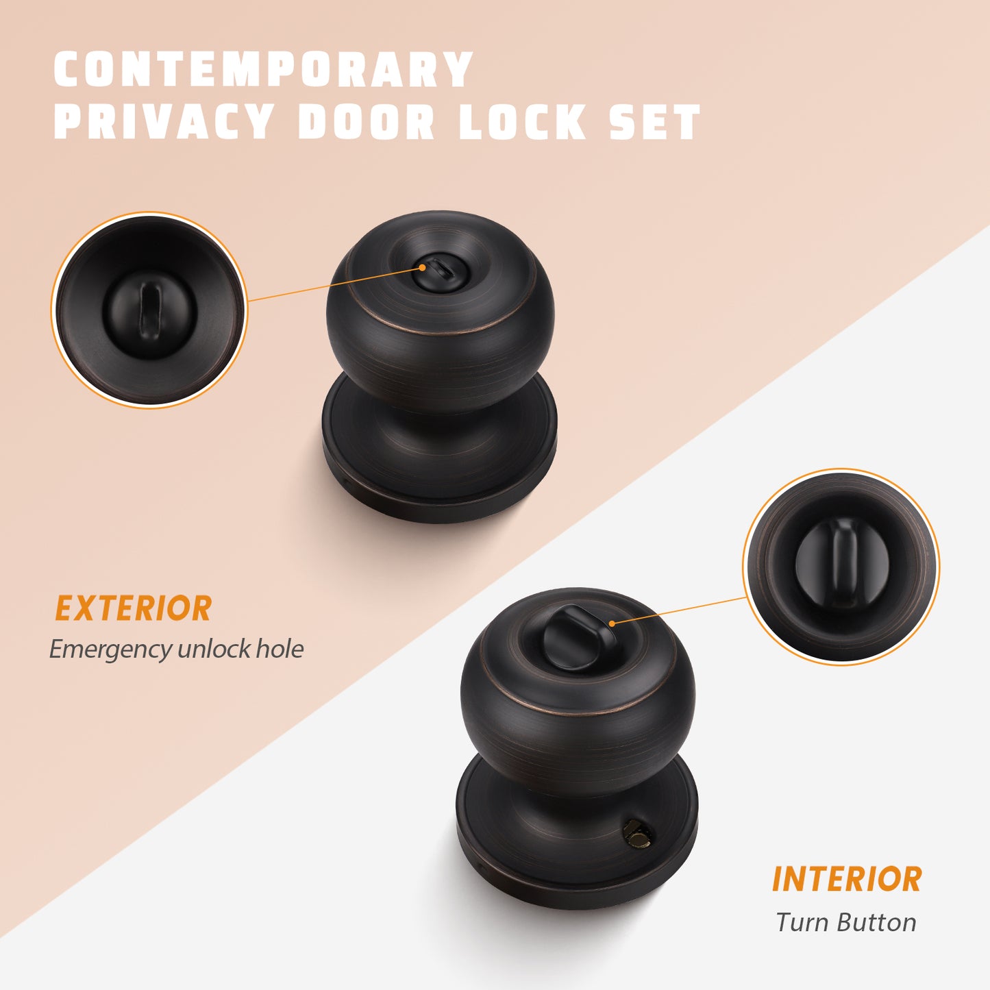 front and back view of knobwell flat ball bronze privacy door knobs