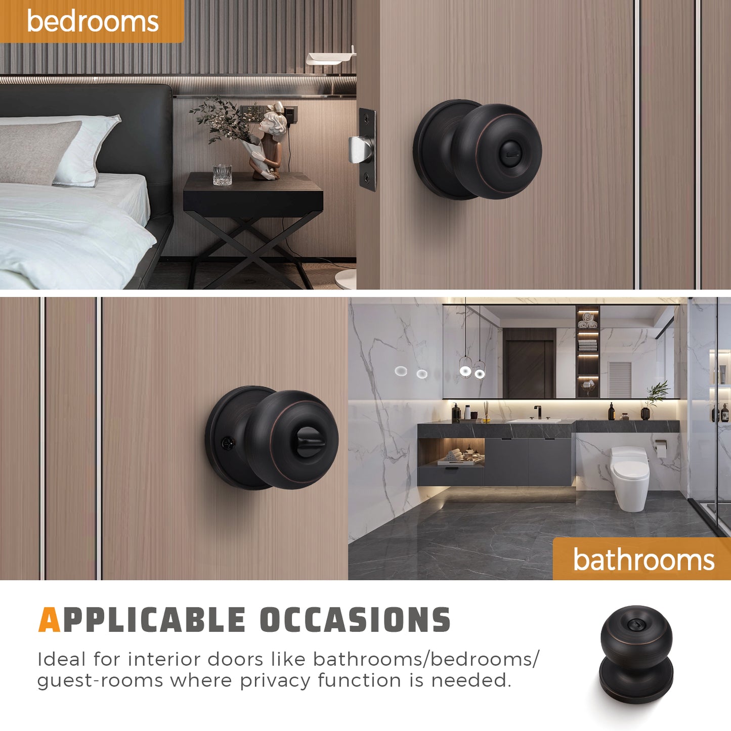front and back view of knobwell flat ball bronze privacy door knobs for interiors