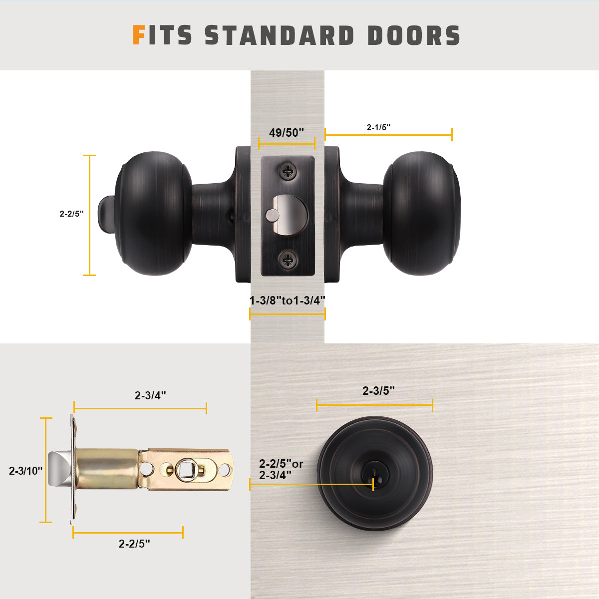Size dimensions of KNOBWELL Bronze Keyed Interior Door Knob For Front Doors with Lock and Key