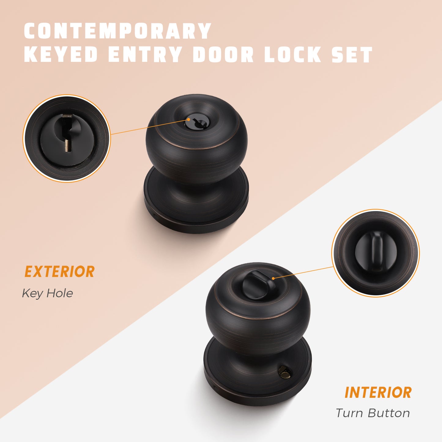 Front and back view of KNOBWELL Bronze Keyed Interior Door Knob For Front Doors with Lock and Key(Keyed Alike)