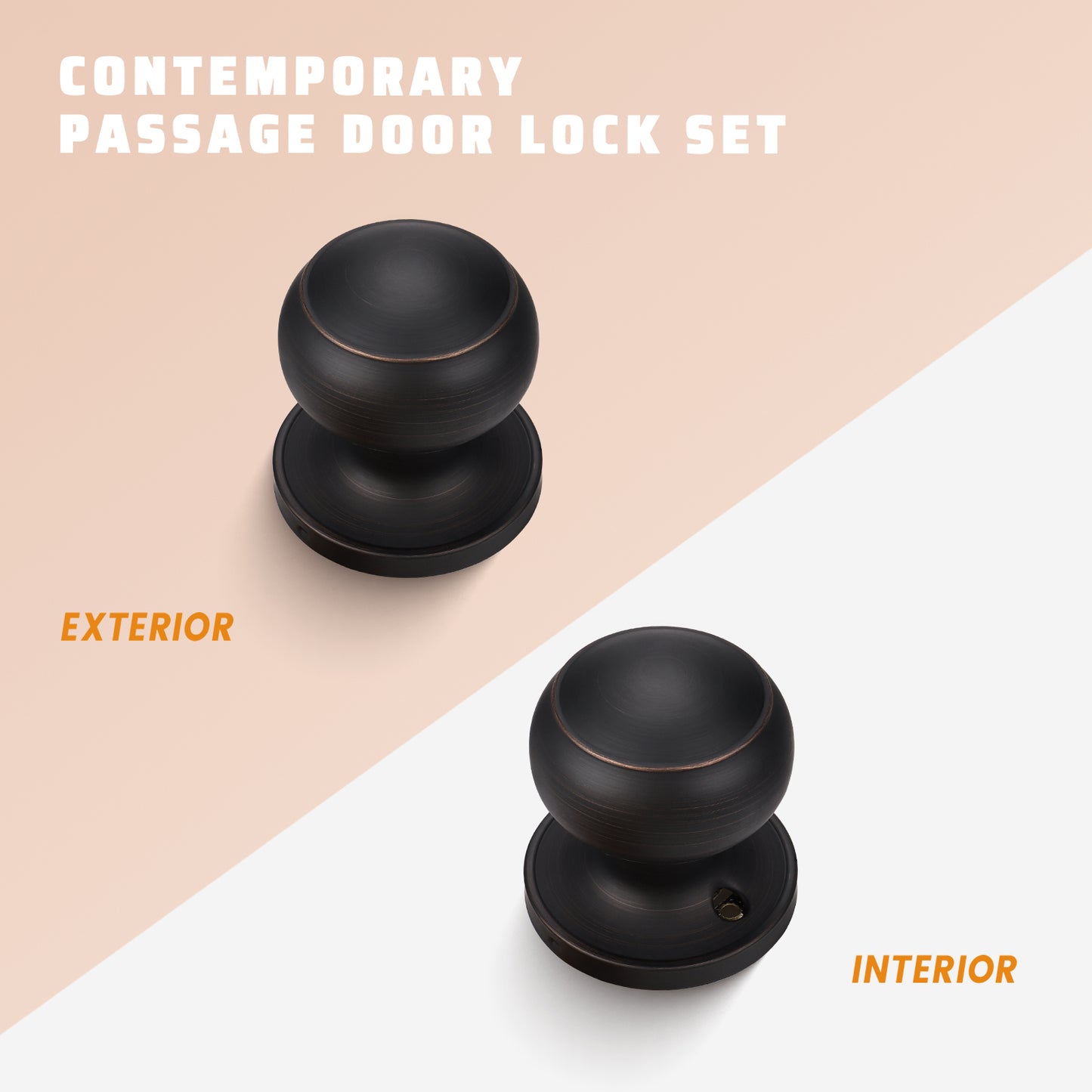 front and back view of KNOBWELL Flat Ball Bronze Passage Door Knobs With Non Locking