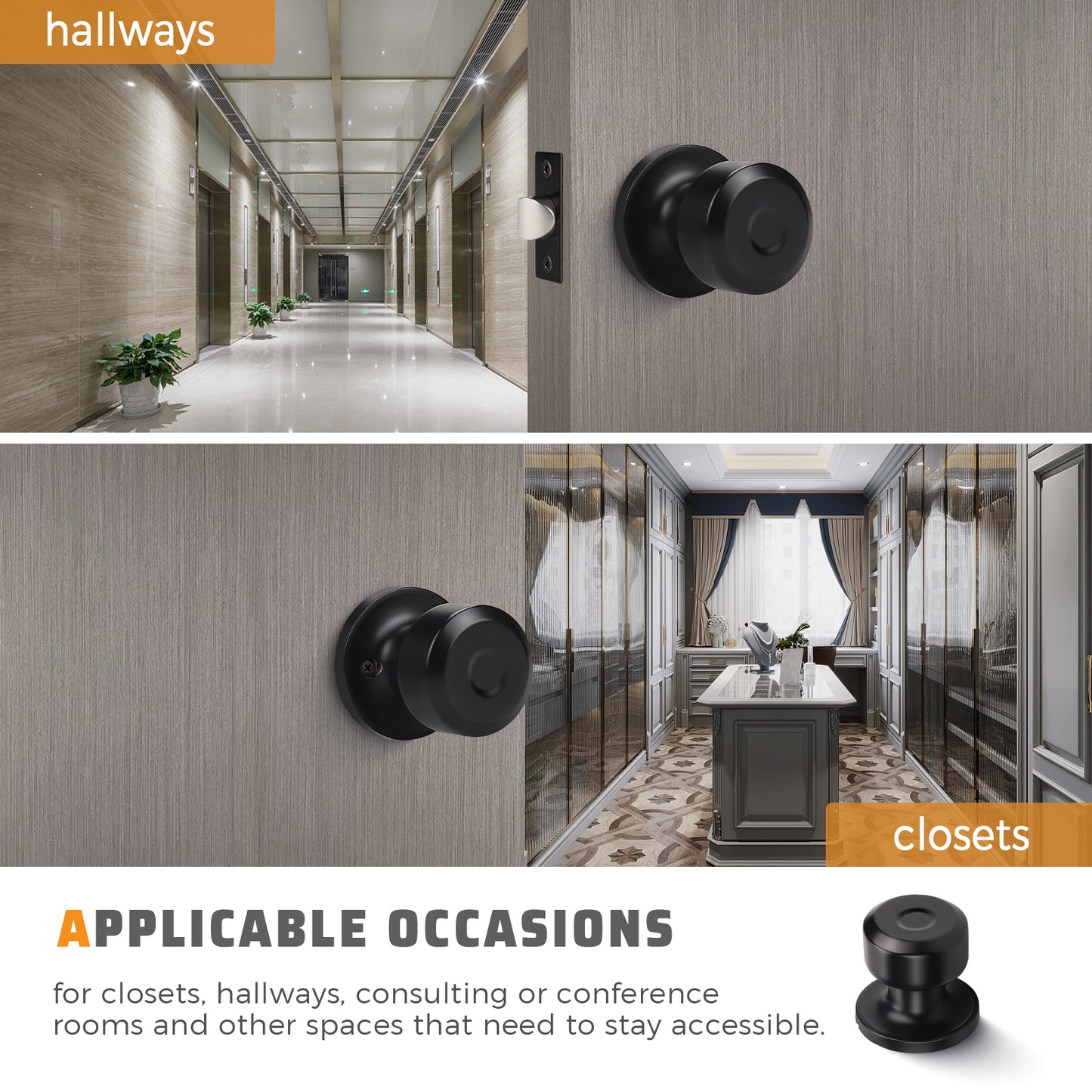 Front and back view of KNOBWELL Matte Black Interior Passage Door Knobs – Non-Locking Hardware for Hallways