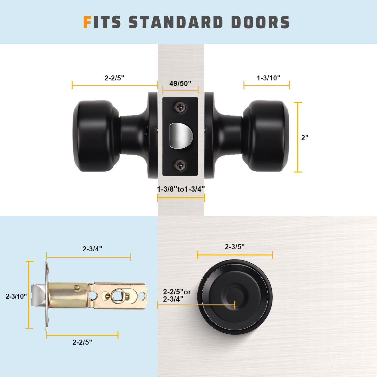 Size dimensions of KNOBWELL Matte Black Interior Passage Door Knobs