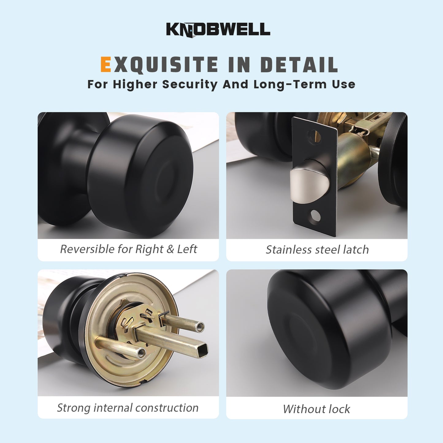 Close-up of KNOBWELL Matte Black Interior Passage Door Knobs