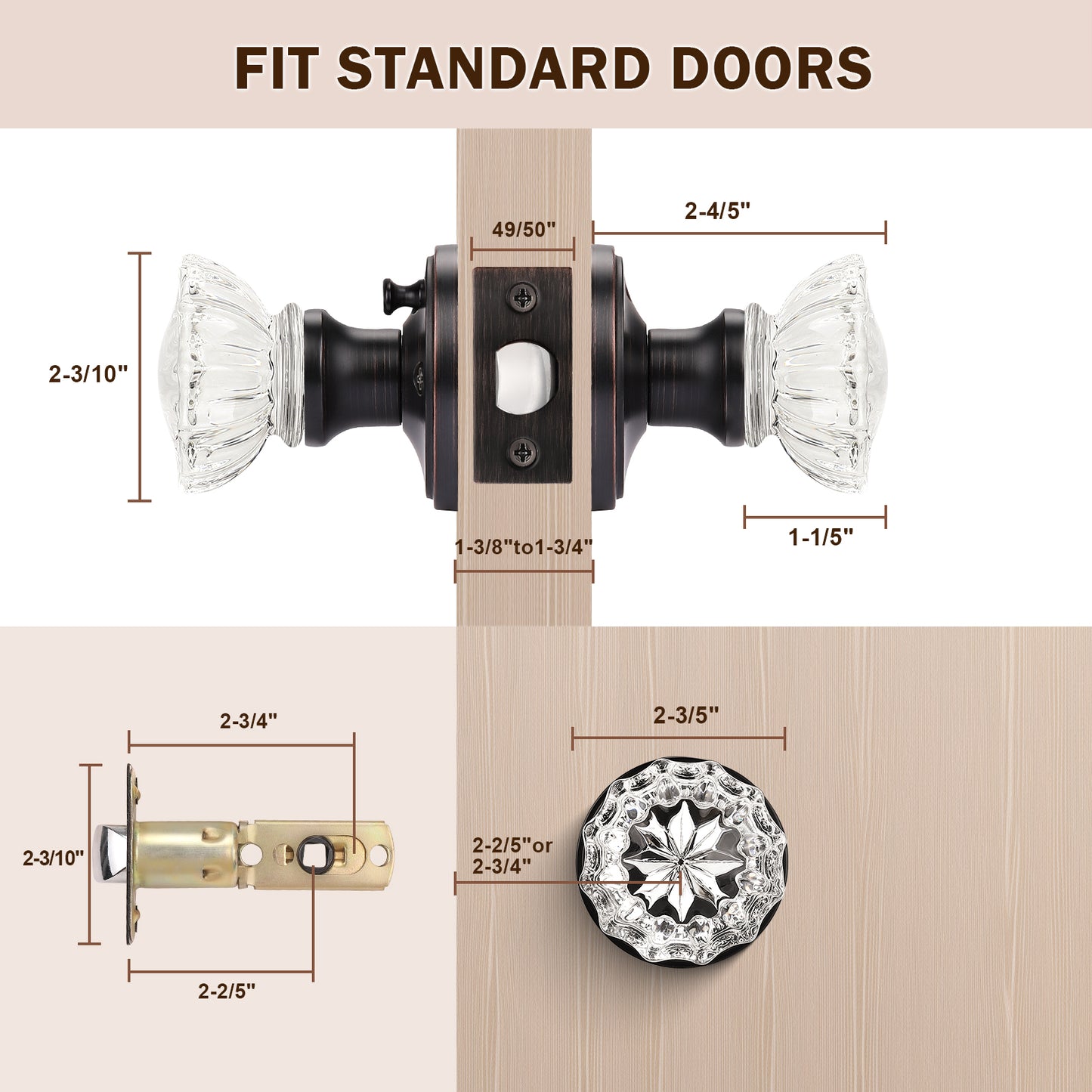 Size dimensions of Knobwell oil rubbed bronze privacy vintage glass door knobs