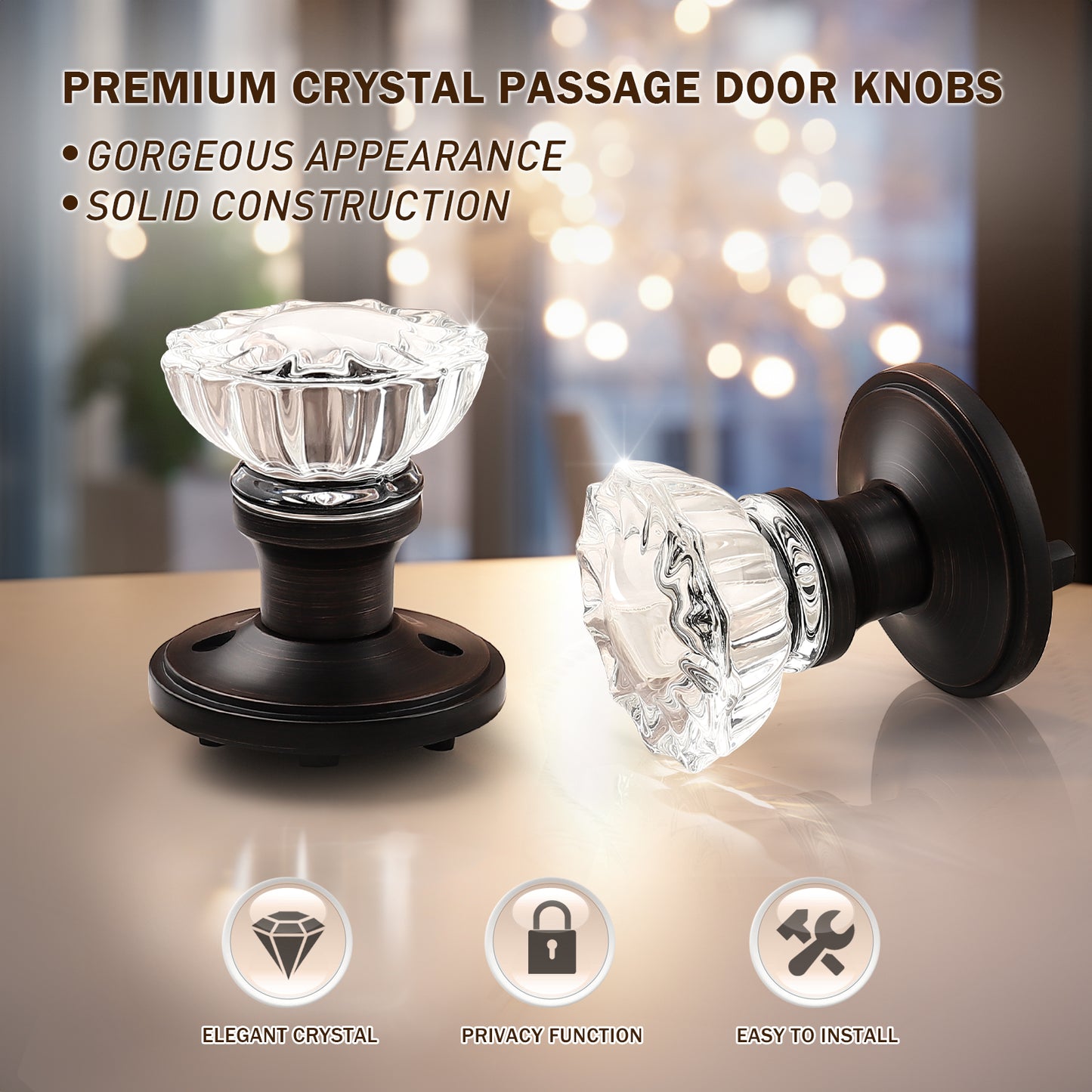 Knobwell Modern Crystal Door Knobs with Classic Round Rosette - DLC20