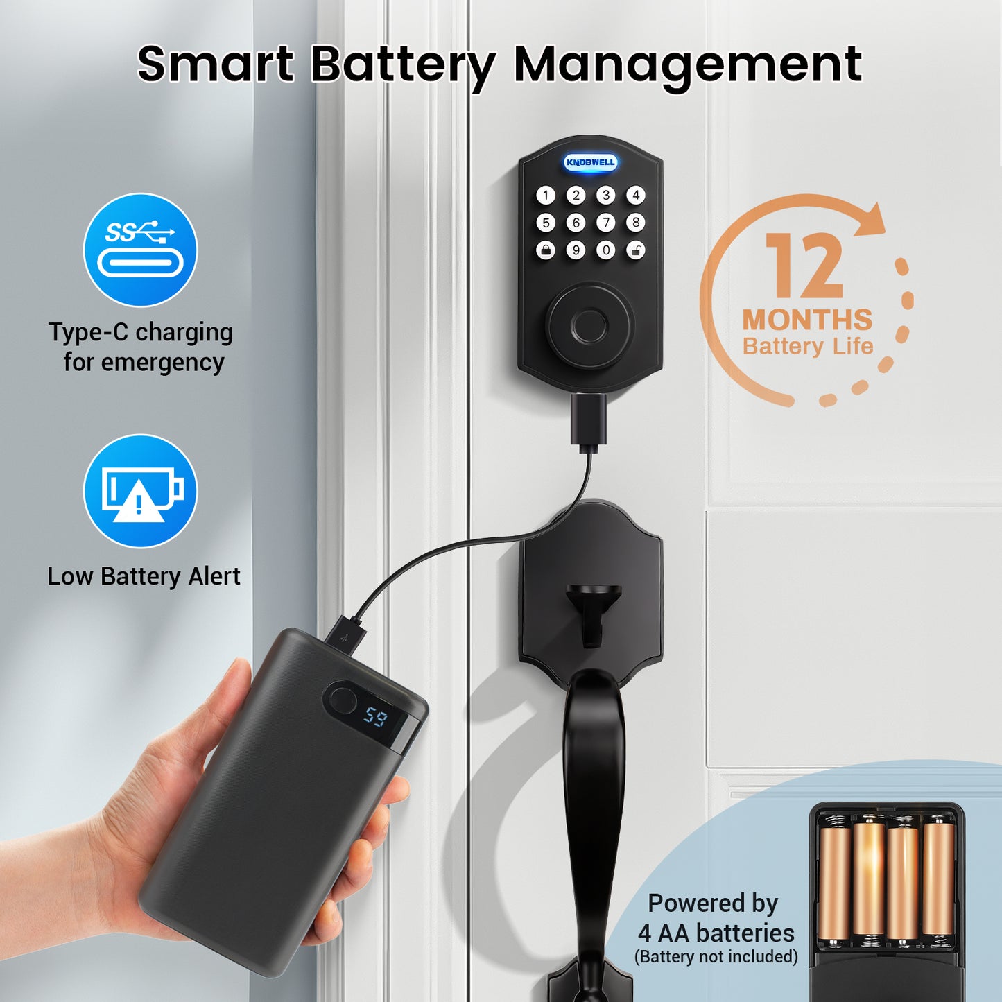 KNOBWELL Keyless Entry Door Lock with Front Door Handle Set, Fingerprint Door Lock Set with Lever Handle