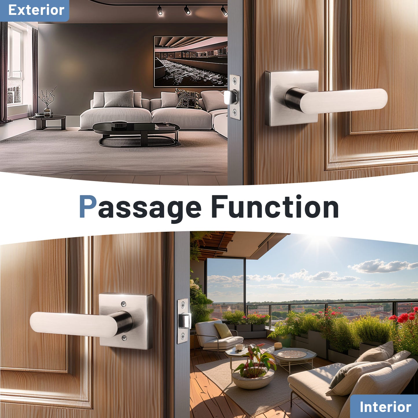 Front and back view of KNOBWELL Heavy Duty Brushed Nickel Passage Door Lever