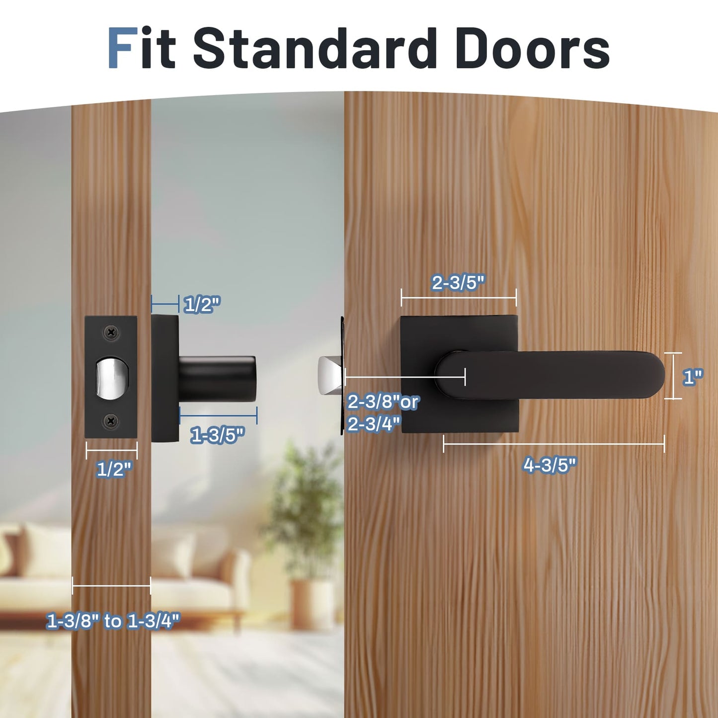 Dimension Size of KNOBWELL Heavy Duty Matte Black Passage Door Lever