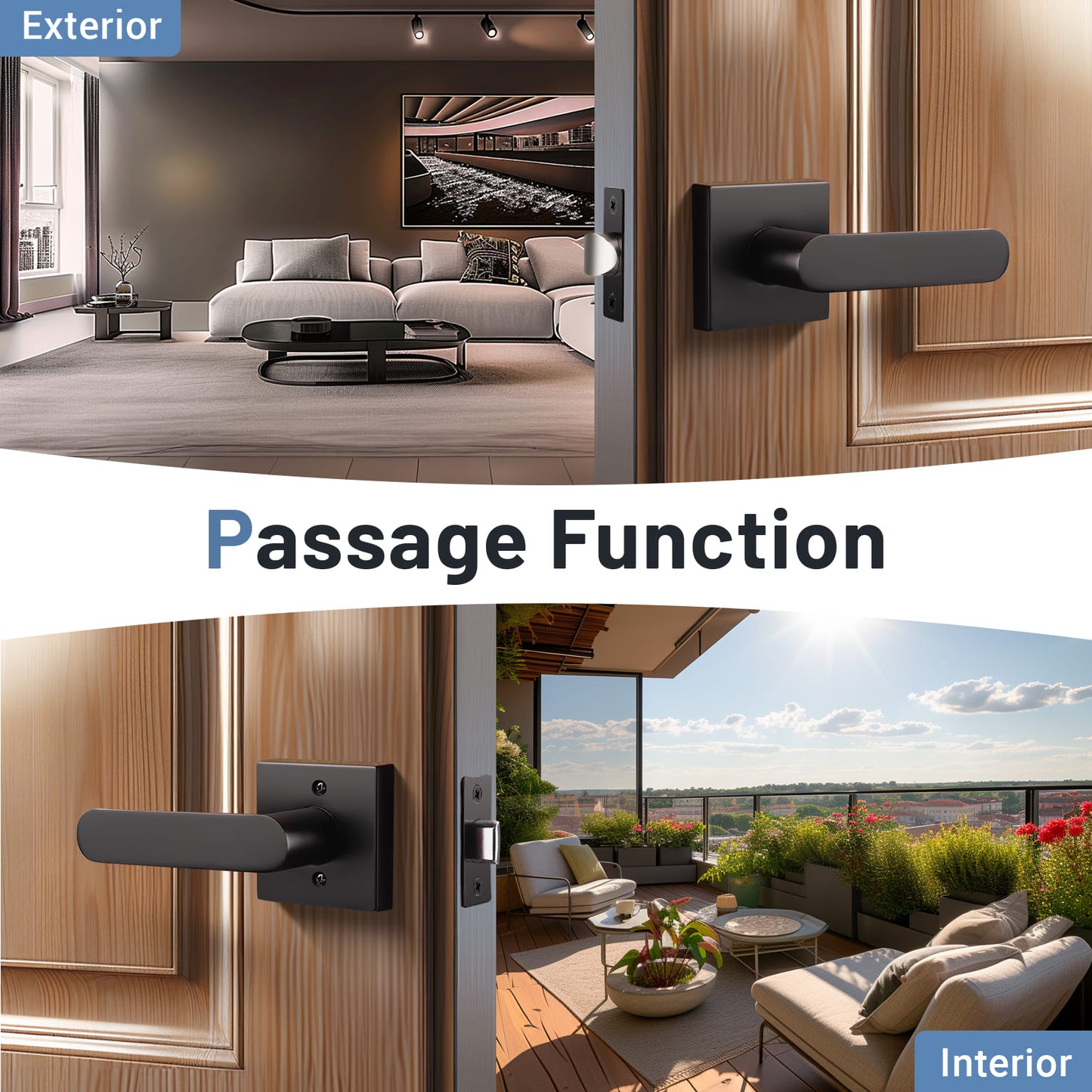 Front and back view of KNOBWELL Heavy Duty Matte Black Passage Door Lever