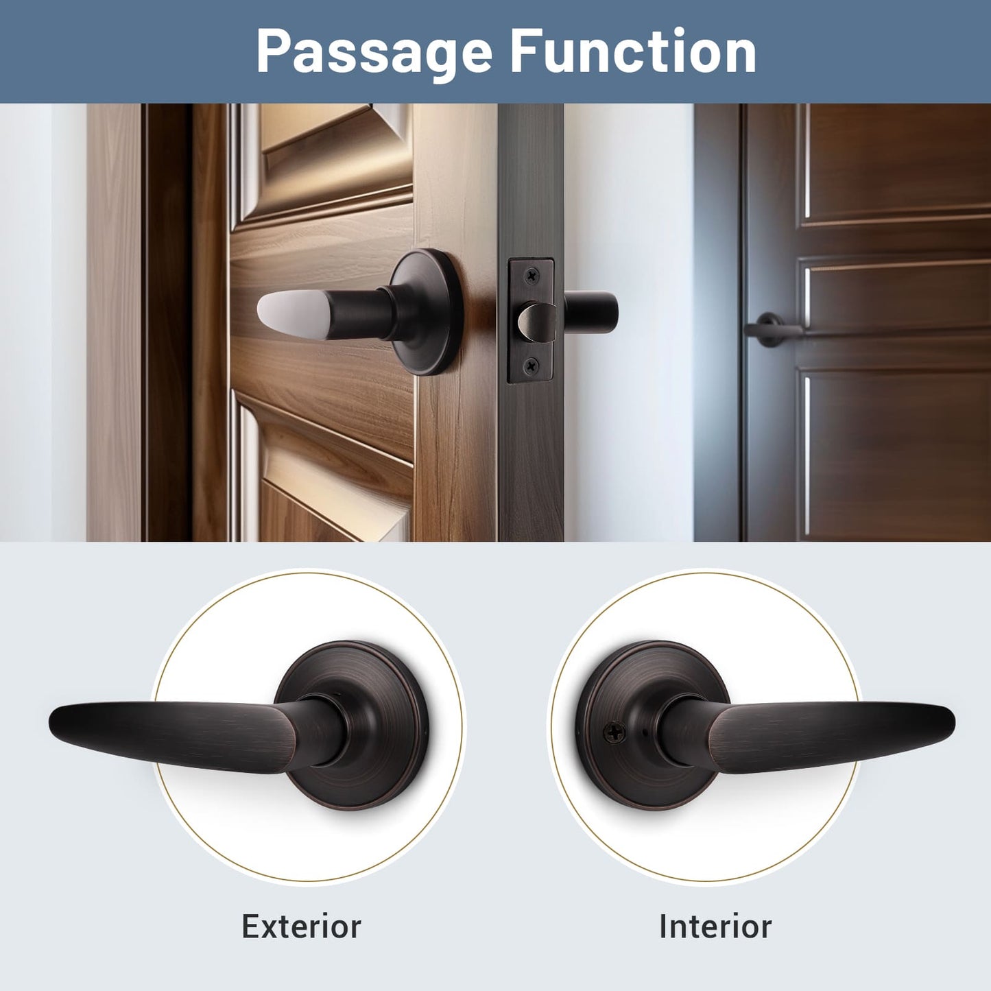 Front and Back View of KNOBWELL Minimalist Oil Rubbed Bronze Passage Door Handles For Interior Doors