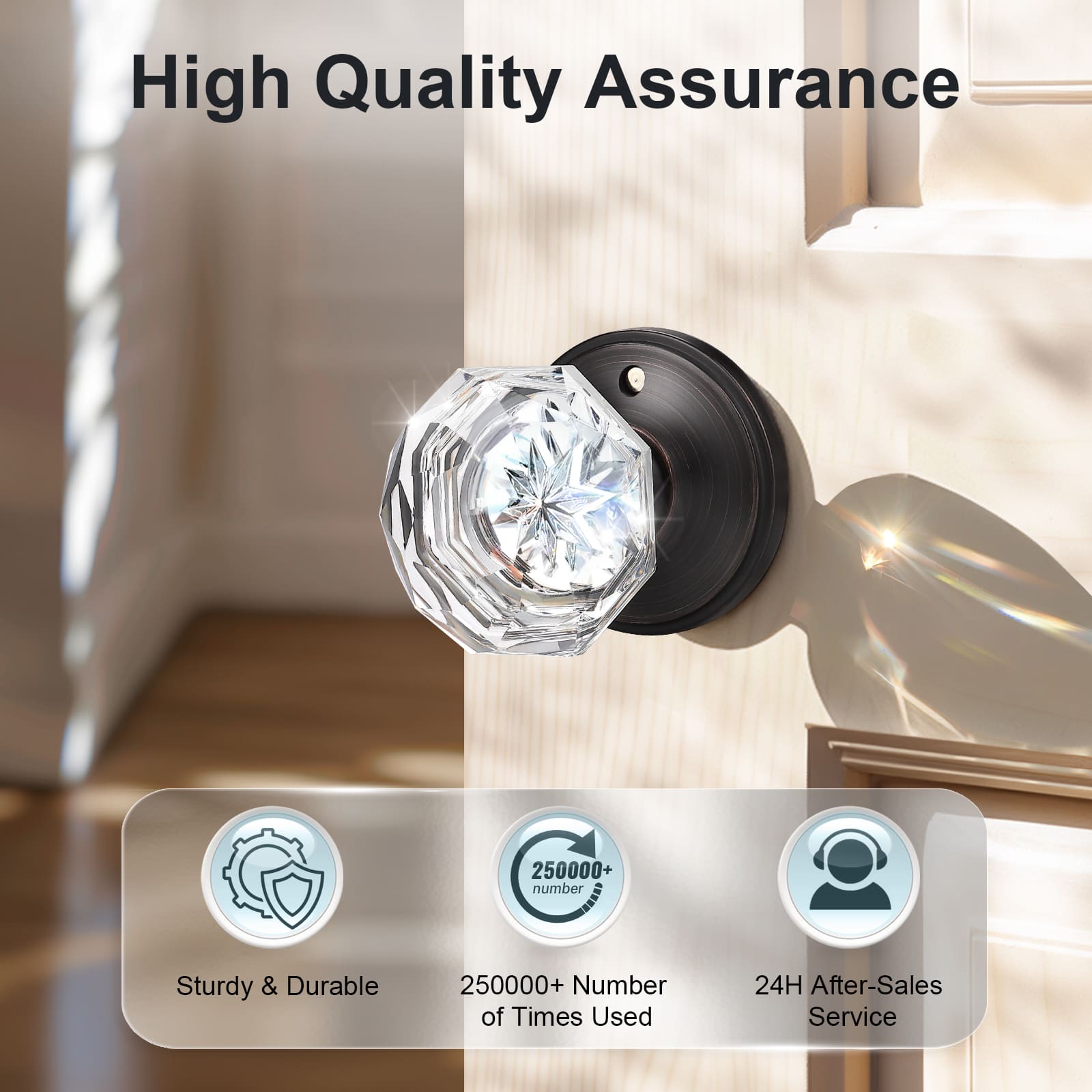 Front and back view of KNOBWELL Vintage Crystal Door Knobs With Lock For Interior Doors