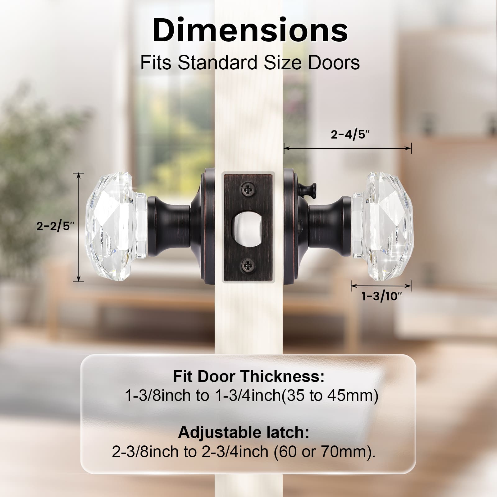 Size dimensions of KNOBWELL Vintage Privacy Crystal Door Knobs