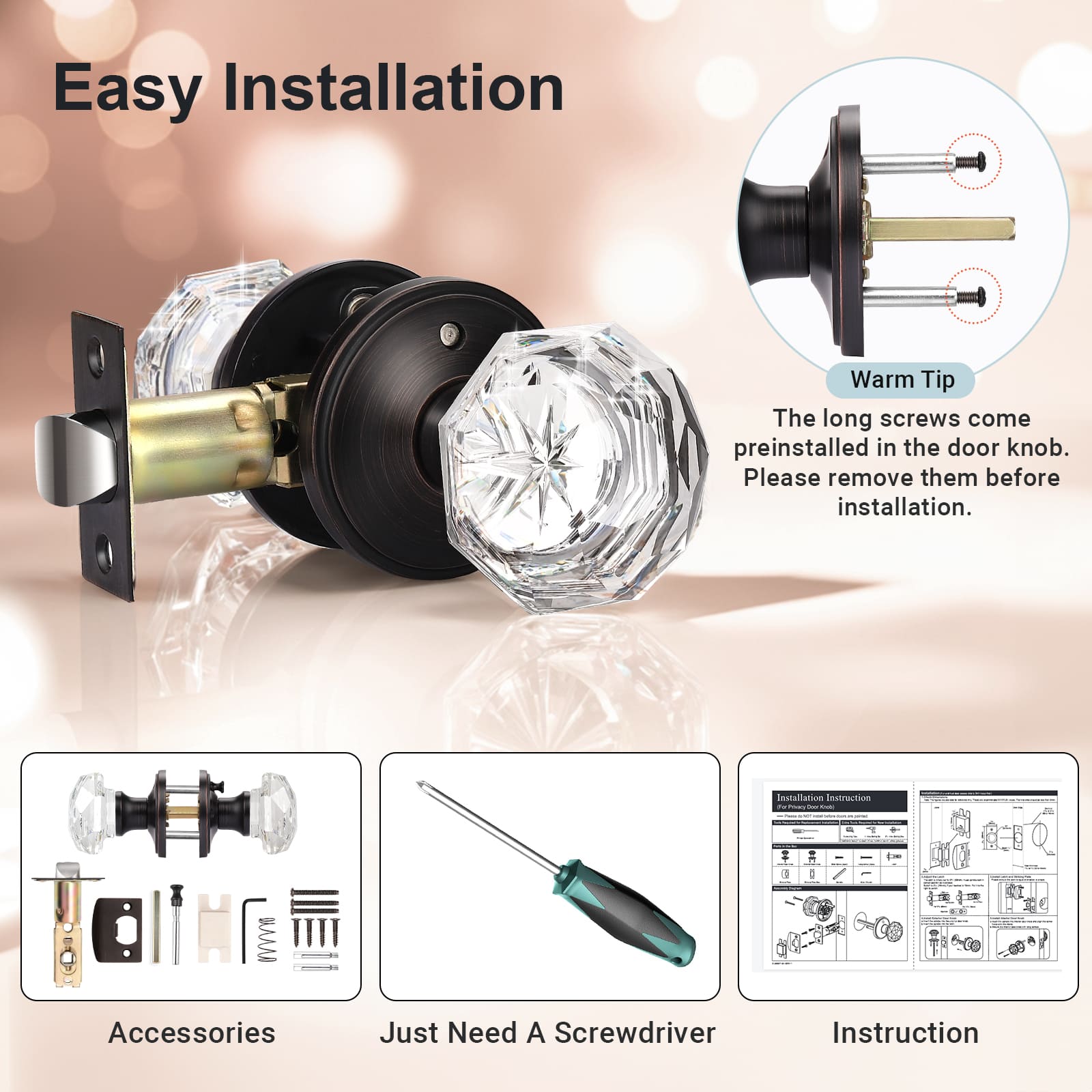 KNOBWELL Vintage Privacy Crystal Door Knobs Components