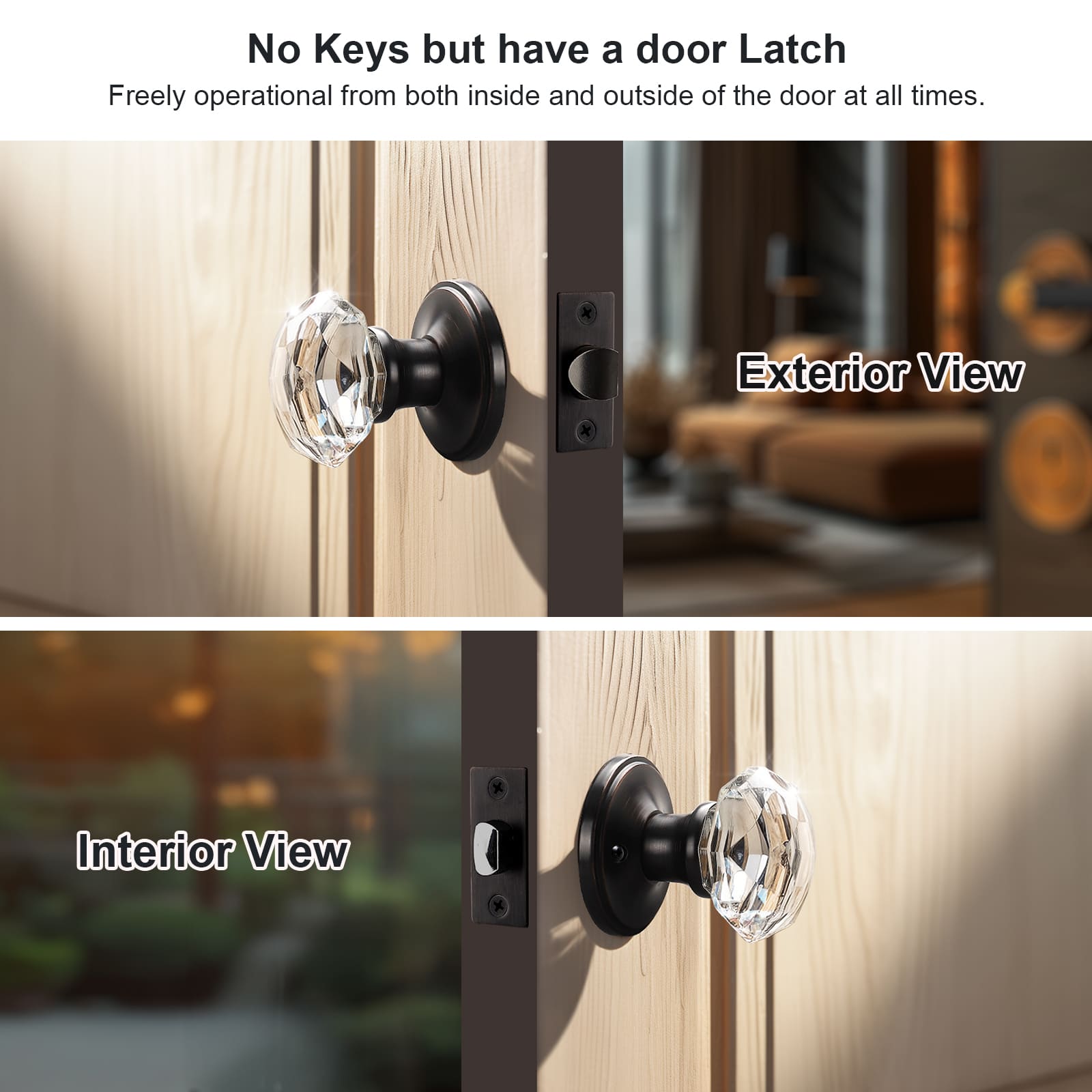 Front and back view of KNOBWELL Vintage Passage Crystal Door Knobs With Lock For Interior Doors