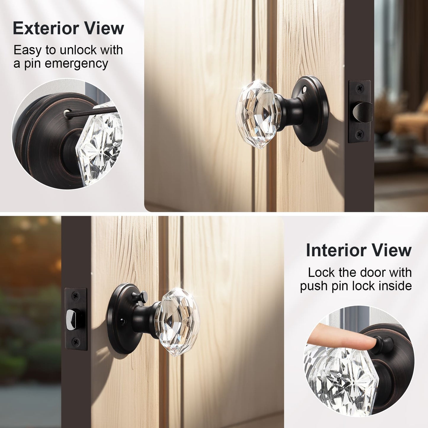 Front and back view of Knobwell Vintage Crystal Privacy Door Knobs With Lock For Bed/Bath-DLC3BK