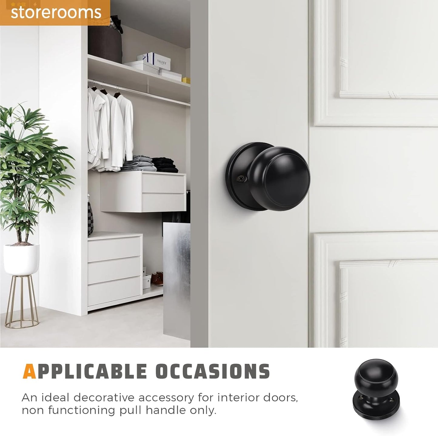 Front view of KNOBWELL Decorative Black Dummy Door Knob For Interior,Closets & Pantry