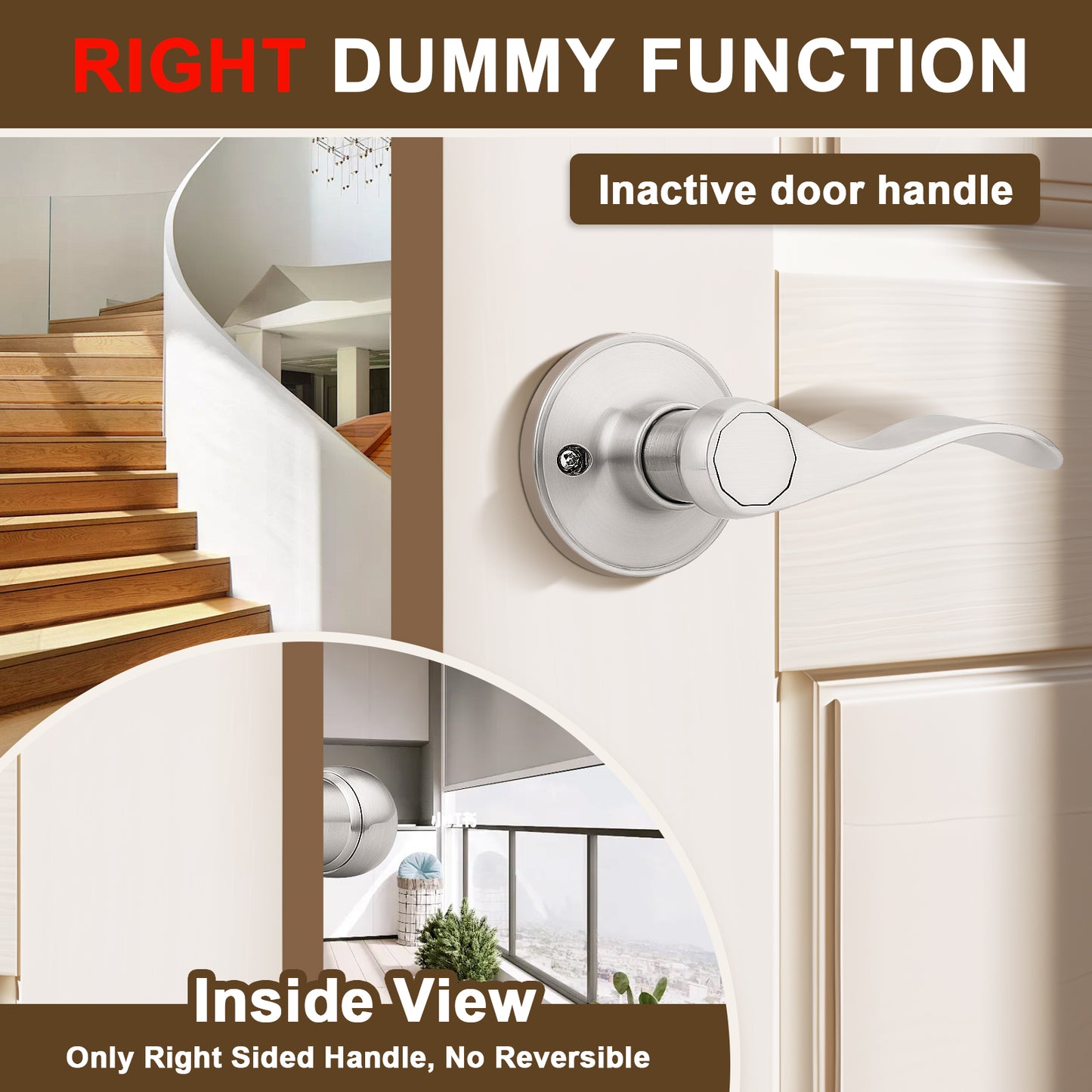 Inside view of KNOBWELL Wave Style Brushed Nickel Dummy-Right inactive door handle for Home Hardware
