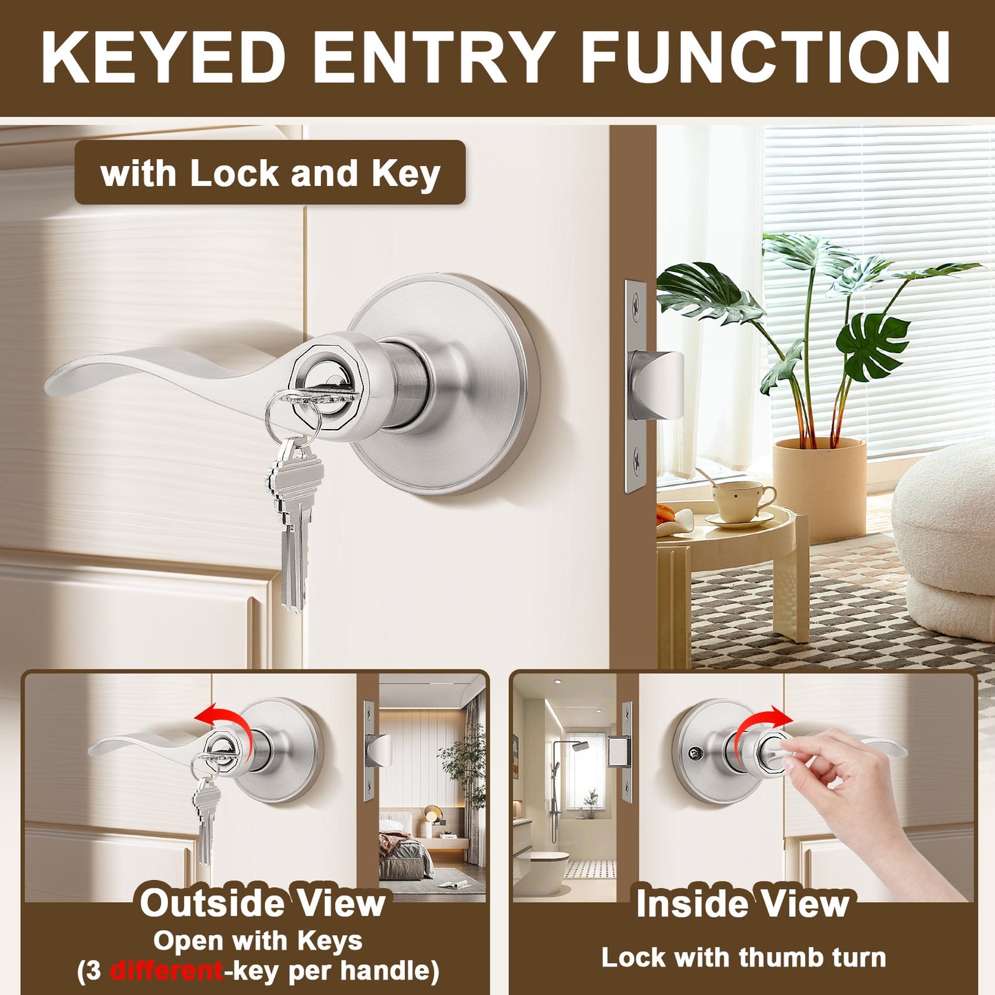 Inside view of KNOBWELL Wave Style Brushed Nickel Keyed Entry Door Locksets for Home Hardware
