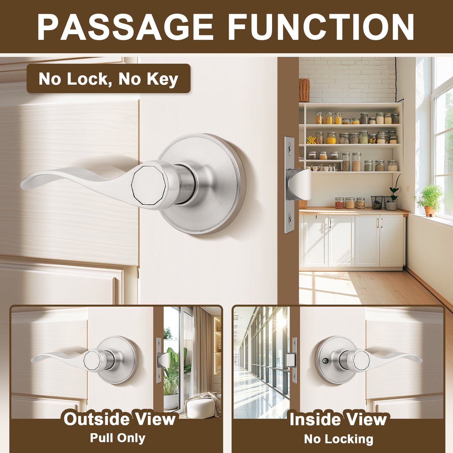 KNOBWELL Wave Style Brushed Nickel Passage Door Locksets for Home Hardware