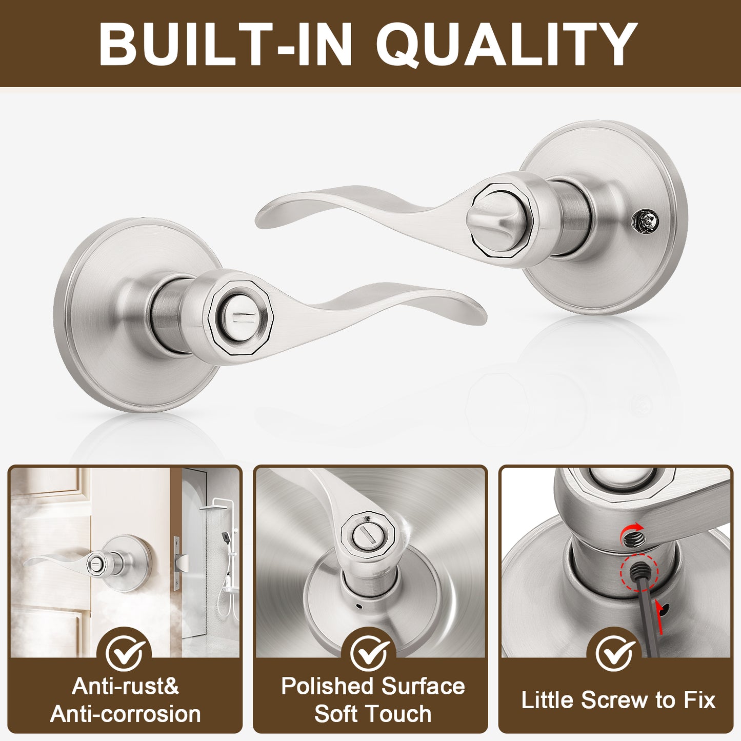 Details of KNOBWELL Wave Style Brushed Nickel Privacy Door Locksets for Home Hardware