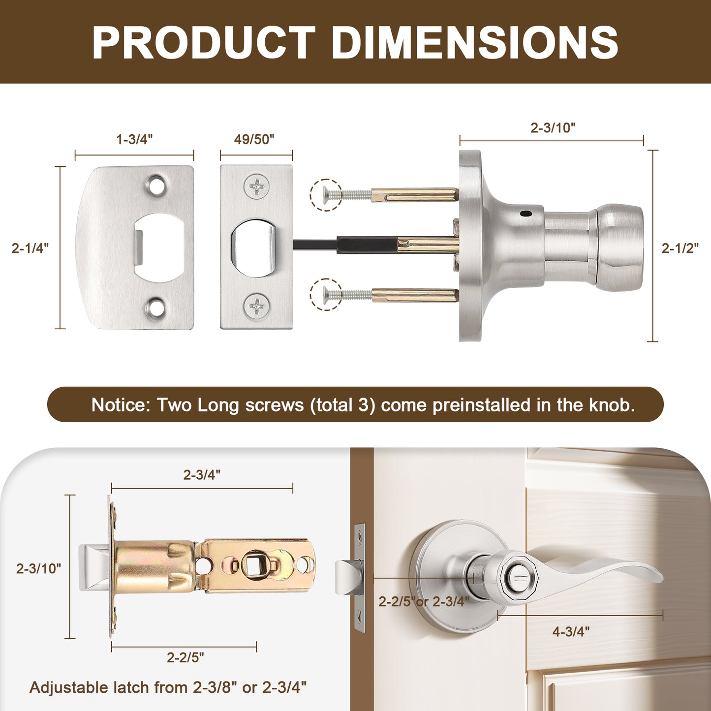 Dimension size of KNOBWELL Wave Style Brushed Nickel Privacy Door Locksets for Home Hardware