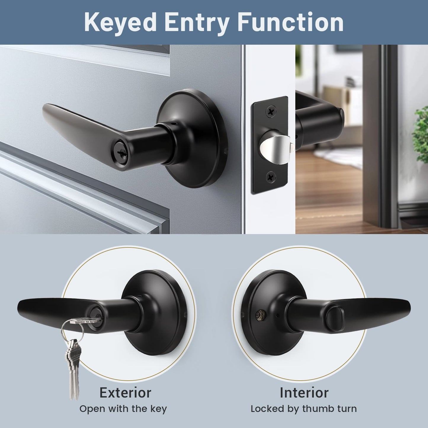 Front and Back View of KNOBWELL Minimalist Matte Black Keyed Entry Door Handles