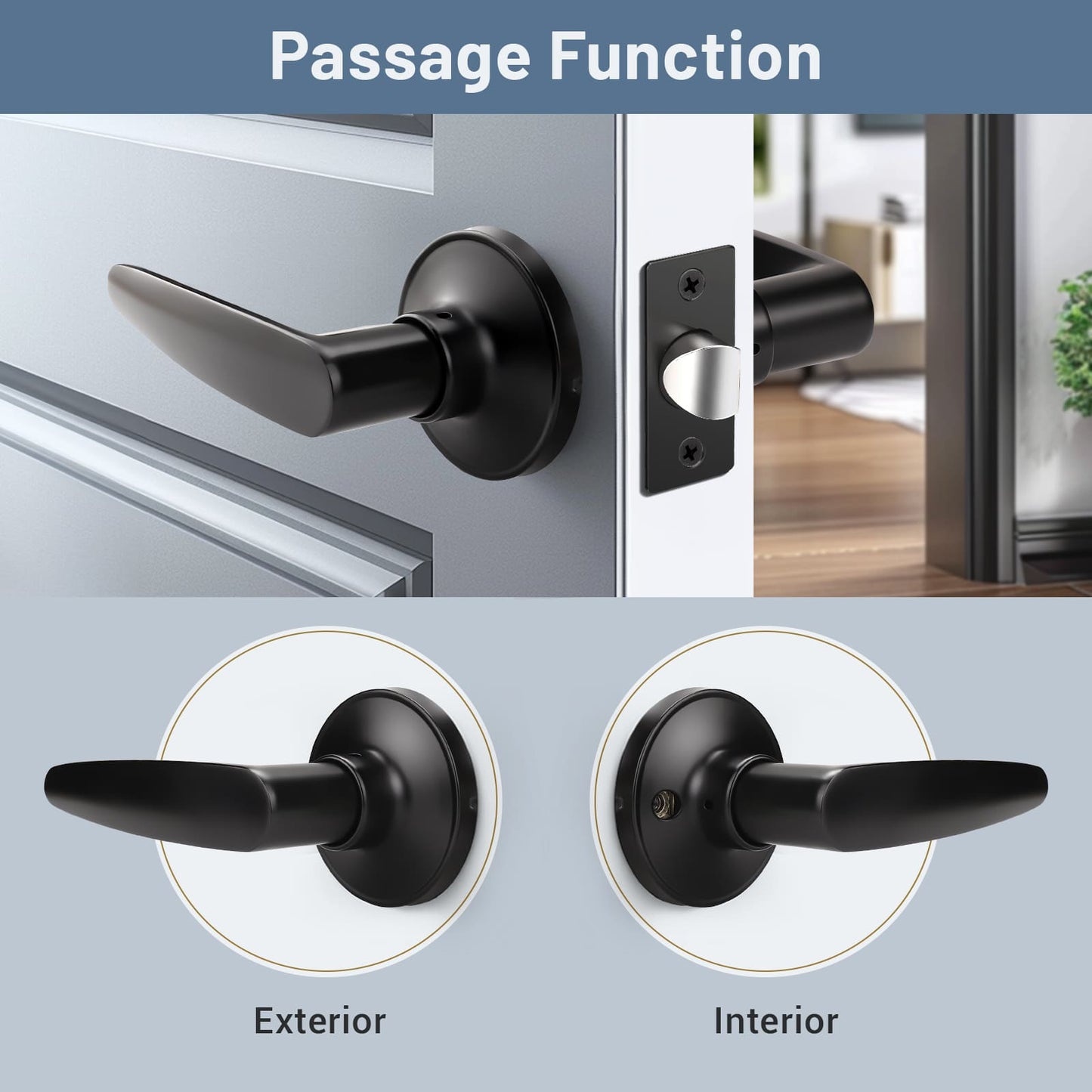 Front and Back View of KNOBWELL Minimalist Matte Black Passage Door Handles For Interior Doors